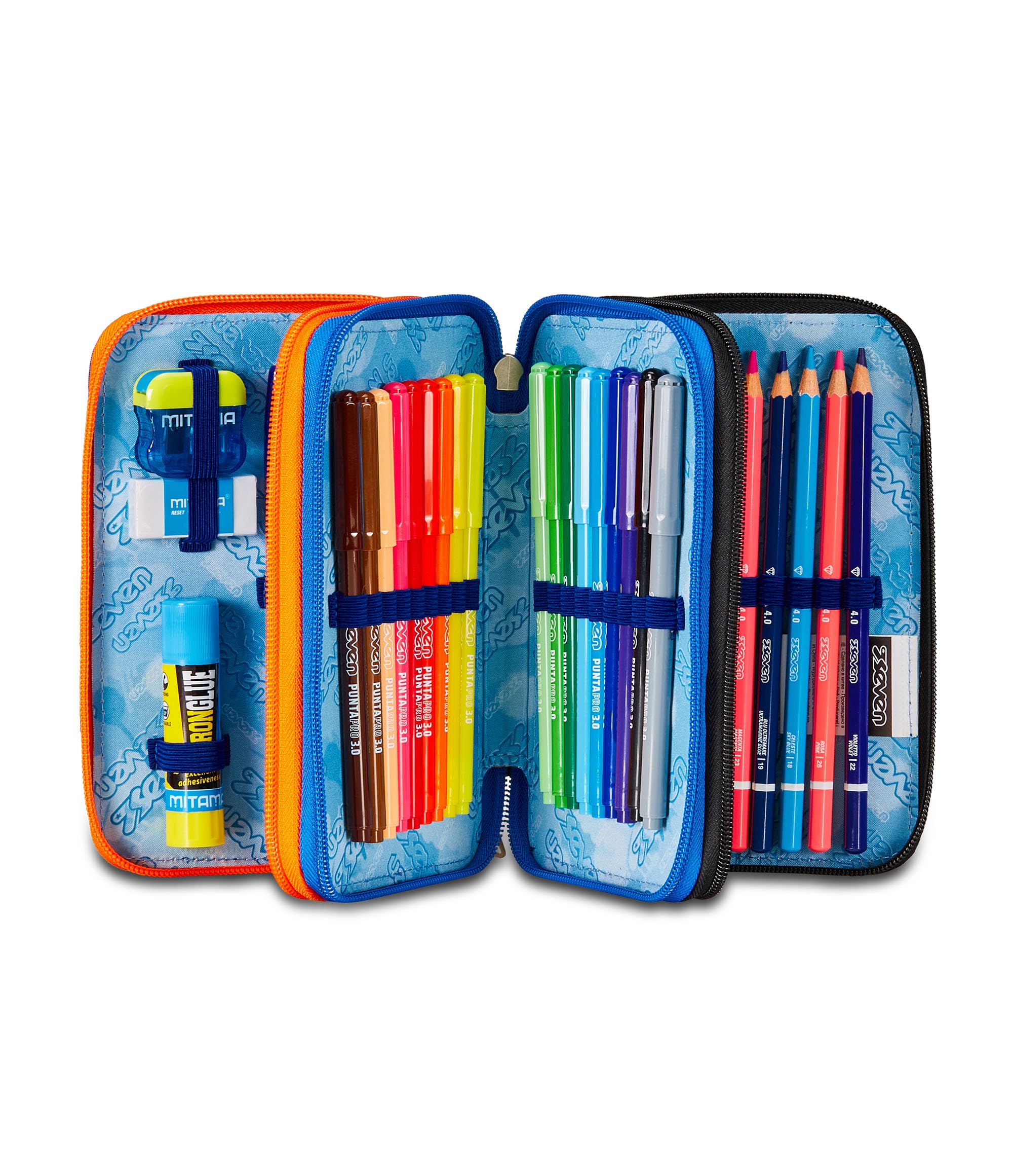 Seven Astuccio Scuola 3 Zip, Reflex Blue, Shadefull Boy, Portapenne Triplo Scomparto Completo Di Penne, Matite, Colori, Accessori Zaino, Elementari, Medie, Superiori, Ragazzo Ragazza