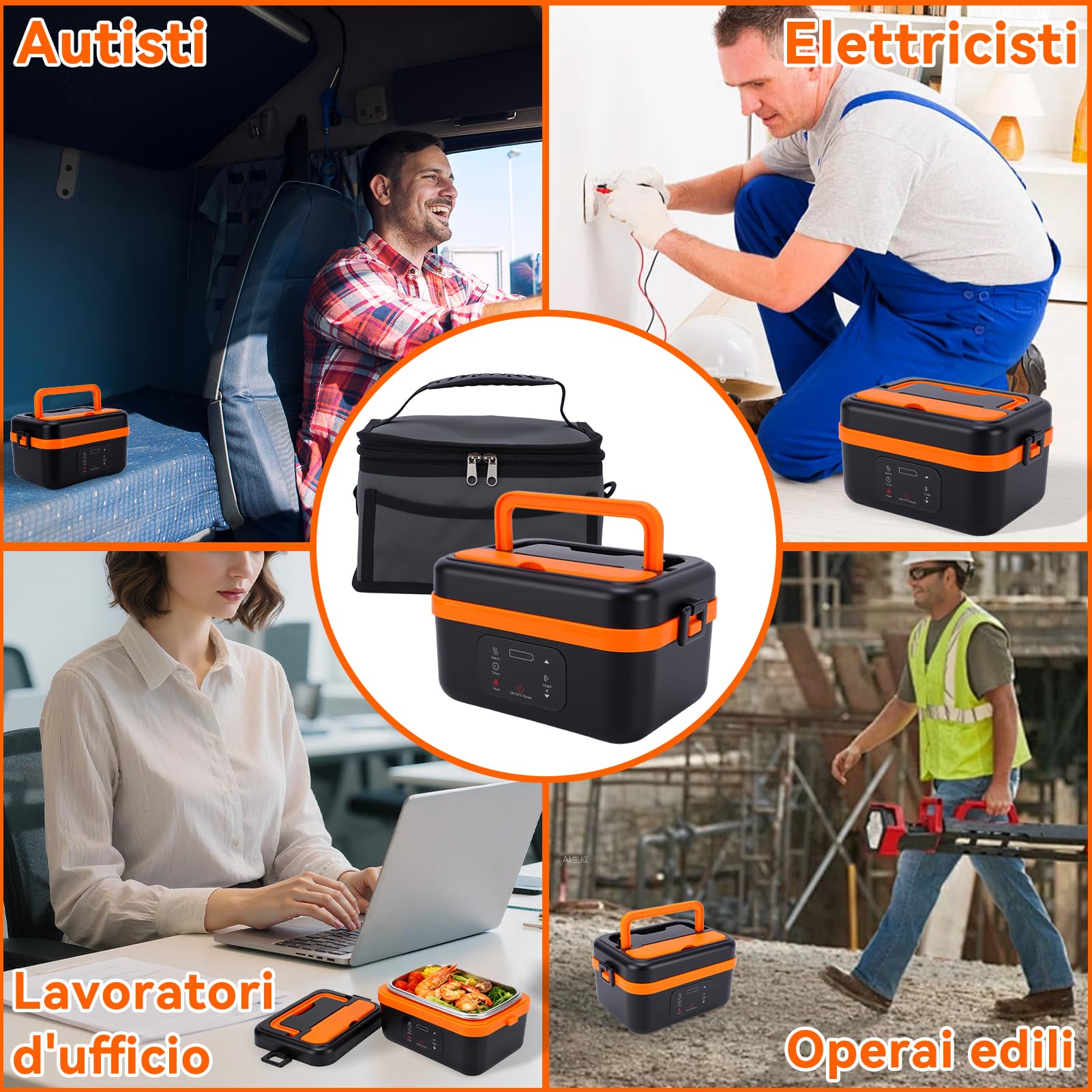 Scaldavivande Elettrico Portatile, 1L Porta Pranzo Riscaldabile con stoviglie in acciaio inossidabile e borsa isotermica, ricaricabile, Timer Per Ufficio Cantiere Viaggio