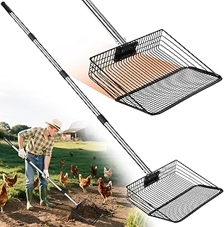 Chicken Poop Scooper - Stainless Steel Sifter Shovel 10 Inch Wide, 4-in-1 Detachable Tool 63 Inch Adjustable Metal Non-Slip Ergonomic Handle Heavy Duty Clog-Free Mesh Coop Scoop Cleaning Supplies