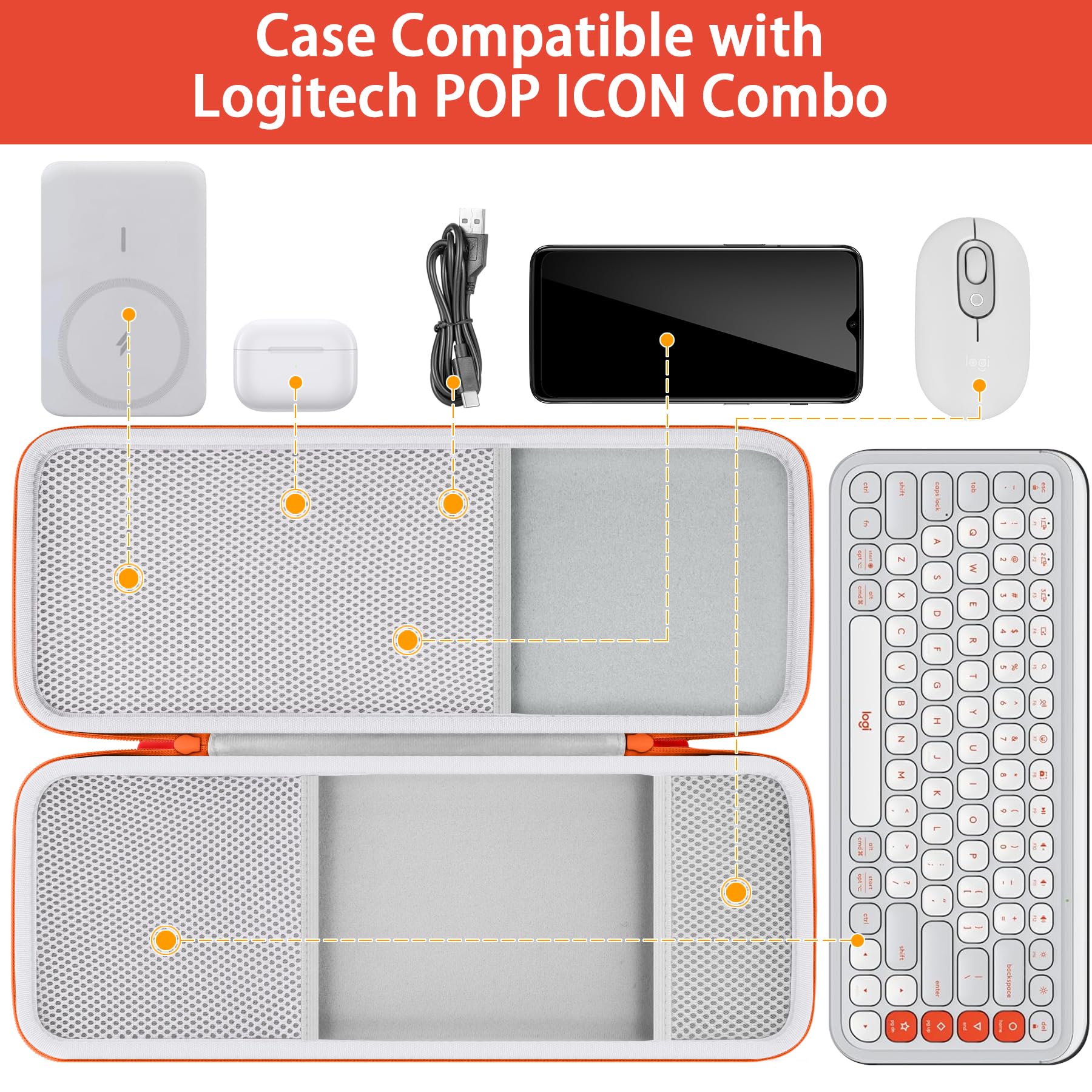 co2CREA Hard Case Compatible with Logitech POP ICON Combo, Bluetooth Keyboard and Mouse Combo (White Orange Case)