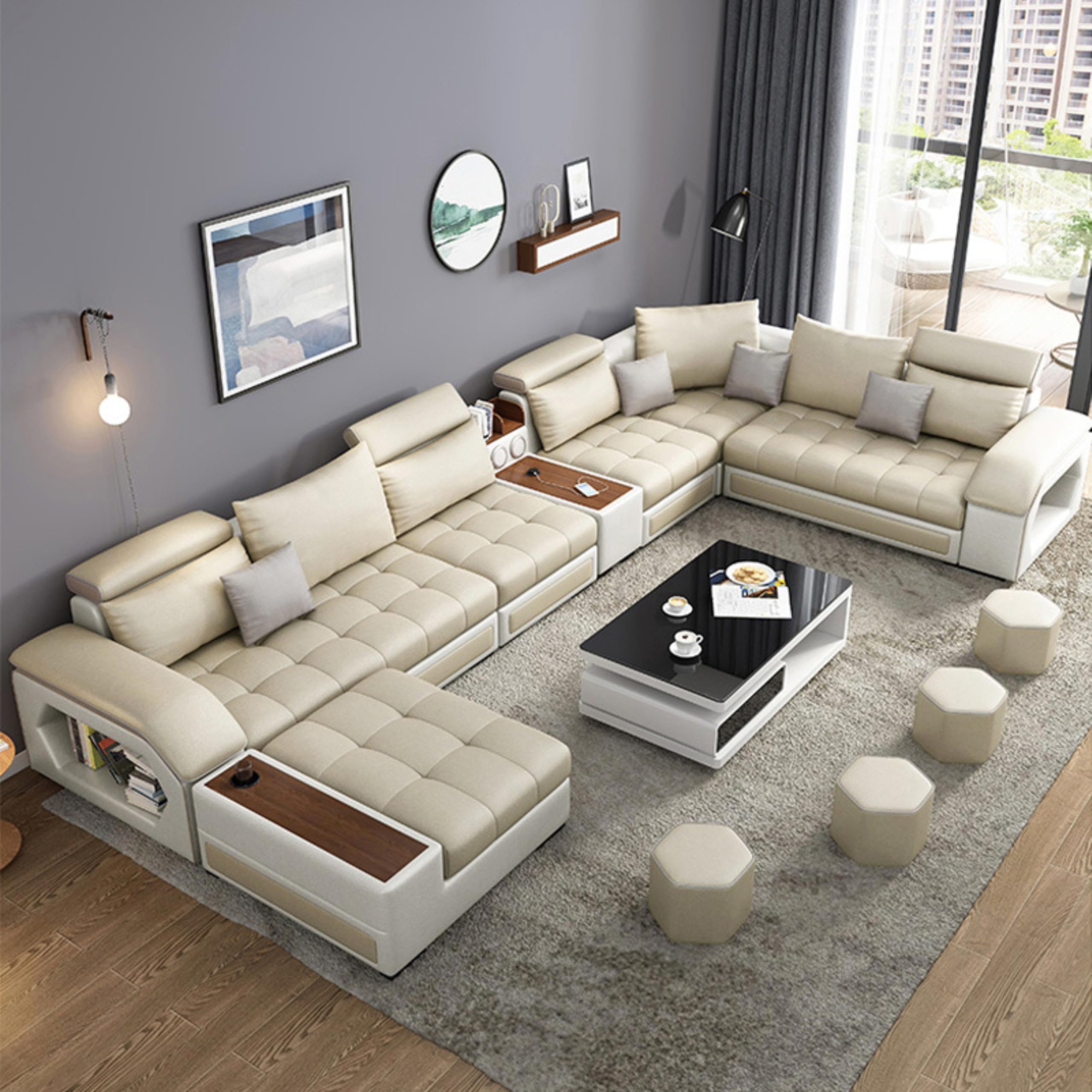 Furnista Modern Luxury 7 Seater Modular Fabric Sofa Furniture Set Multifunctional Living Room Home Corner Couch U Shaped Sectional Sofa (Beige)