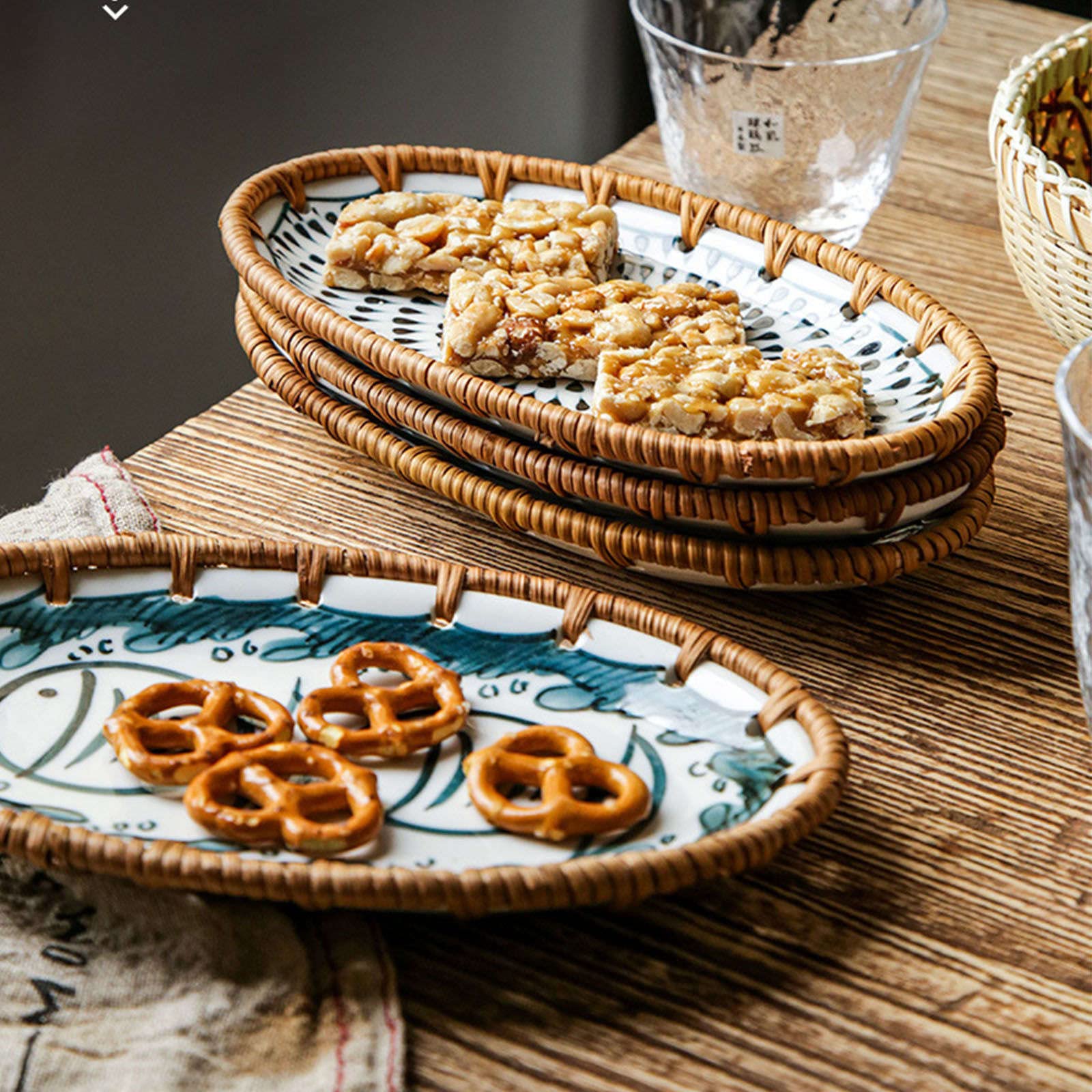 talerz obiadowy, Podzielone talerze obiadowe, talerz Diet Control, mały ceramiczny deserowy, zestaw 2 talerzy na przekąski z rattanu(B)