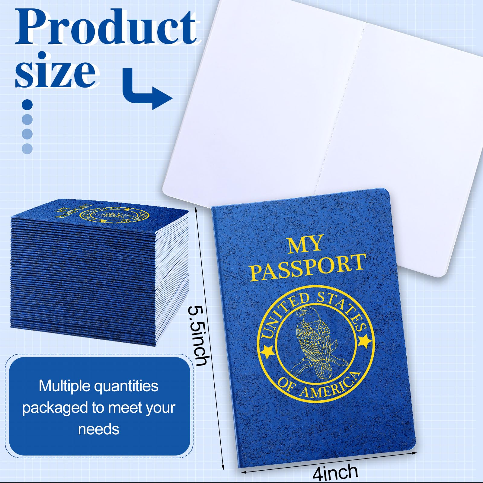 Woanger 100 Pcs Blank Passport Book Blue Passport Notebook Bulk 4 x 5.5 Inch Play Fake Pass Port Travel for Kid Operation World Travel Pretend School Activity (Classic)