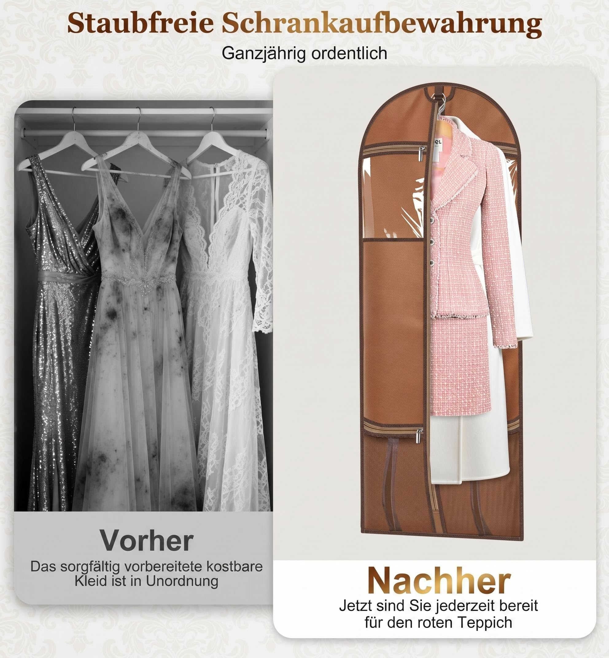 MISSLO Kleidersack Lang 152CM, Anzugtasche Kleidersack für Reisen mit 4 Großen Taschen und Griffen, Schwere Kleiderhülle Damen Kleiderschutzhülle für Abendkleider, Mantel, Kleider, Kleidung, Beige