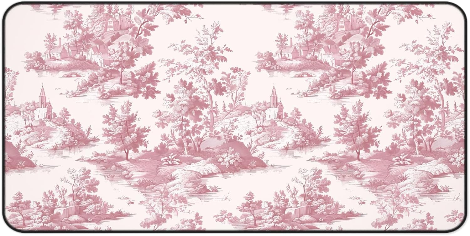 Pink Toile de Jouy Floral Desk Mat, Shabby Chic Home Office Decor, Preppy Pink Floral Large Mousepad, XL Desk Pad