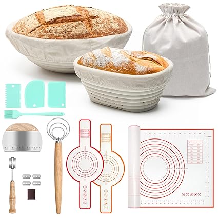 Sourdough Bread Making Baking Kit, Catcan Sourdough Starter Kit-8 Inch Oval & 9 Inch Round Bread Proofing Basket with Liner, 2 Silicone Bread Slings, Dough Whisk, Dough Scraper Kit, Silicone Brush