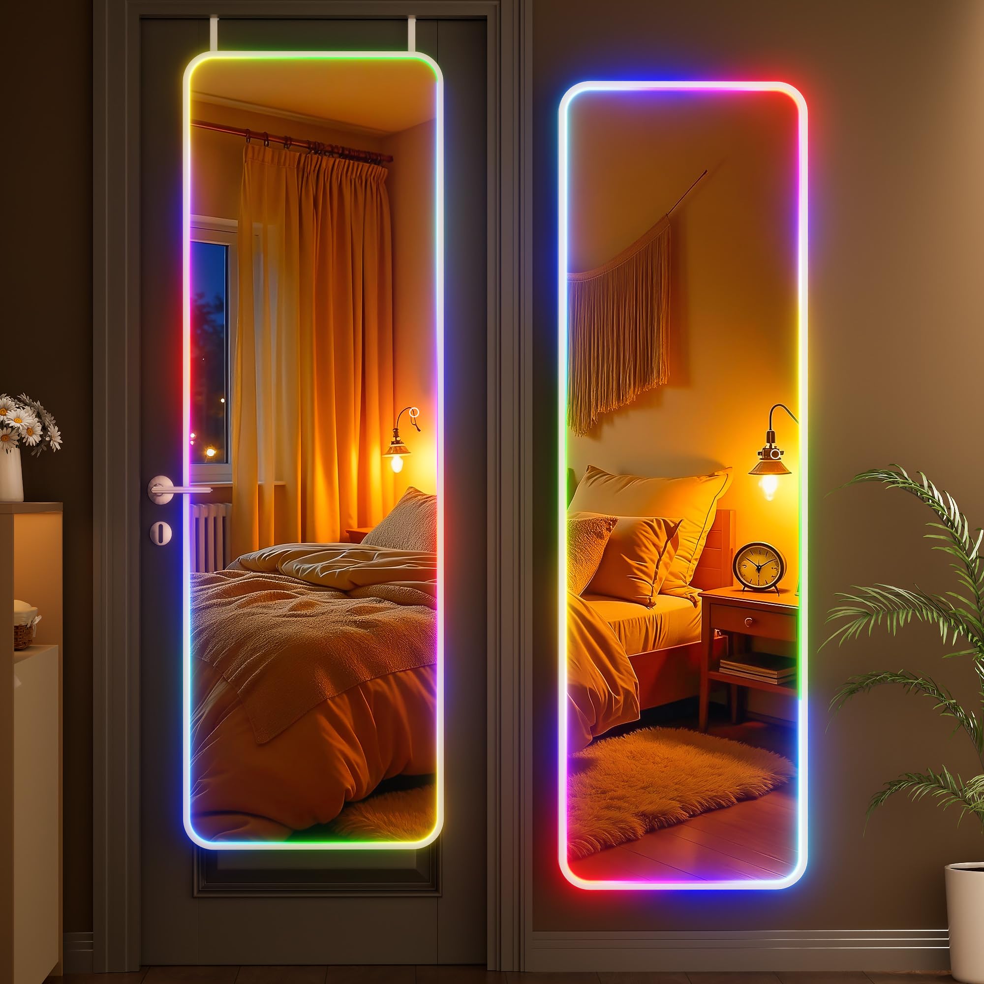 Hasipu 55"x15.7" LED RGB Door Mirror Full Length, Full Body Full Length Over The Door Mirror with Lights, Door Hanging &amp; Wall Mounted Mirror for Bedroom, Living Room, Cloakroom