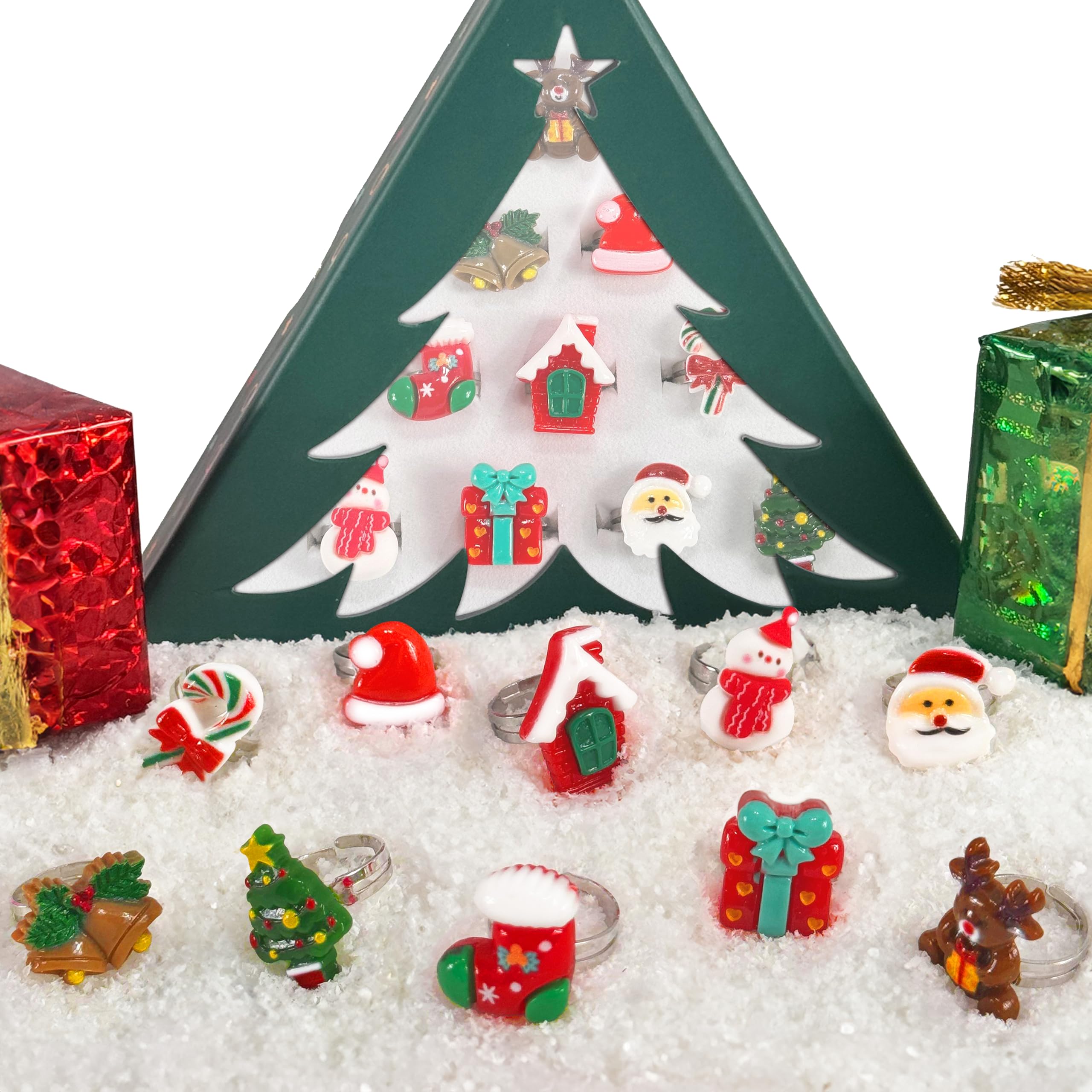 Christmas Stocking Stuffers Jewel Rings for Kids Set of 10 Christmas-Themed Adjustable Holiday Dress Up Rings for Girls in Christmas Tree Gift Box Gift for Girls Age 3 4 5 6 7 8 - Image 2