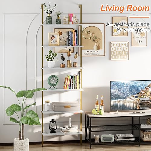 Miniatura 2 de Wolawu Estantería de escalera de 6 niveles de mármol blanco estantería moderna abierta alta para montaje en pared, estantes de pared inclinados,