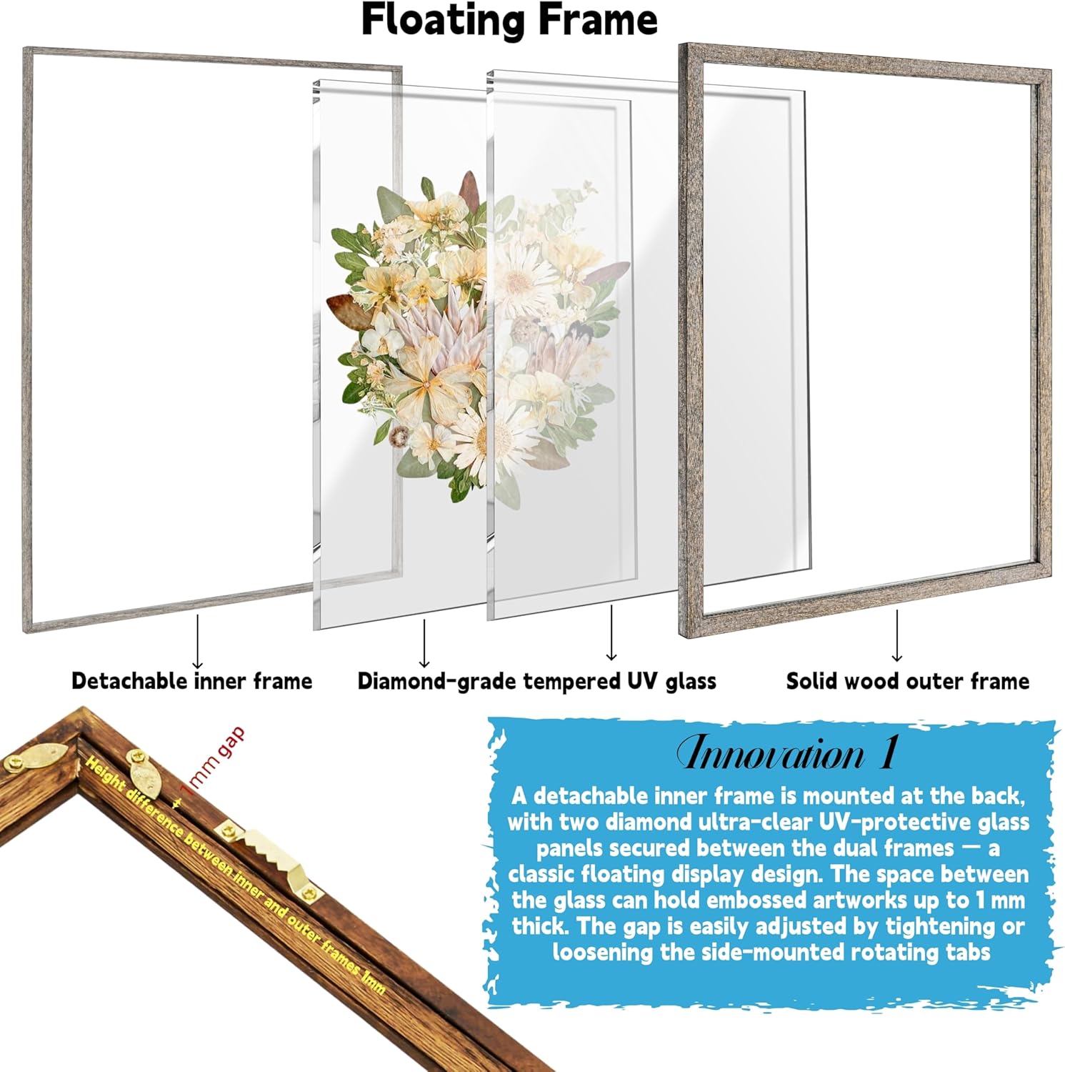 16x20 Floating Frame Pressed Flower Frame Gaboon Zebrawood Wood Handmade Picture Frames Studio Frames For Artists Premium Wooden Frames Professional Picture Frames Modern Photo Frames