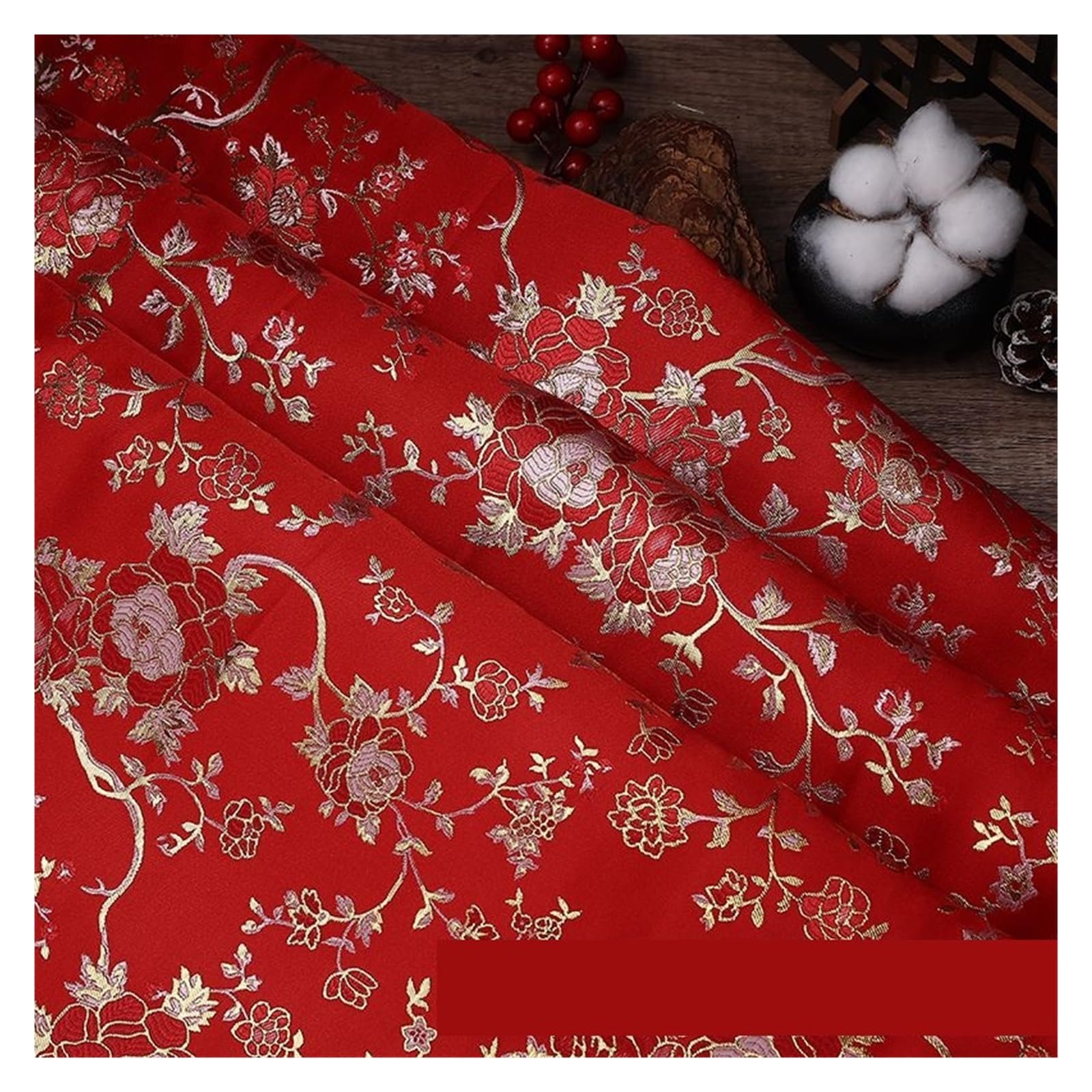 Tkanina żakardowa z brokatem poliestrowym | Wielokolorowy 100cmx150cm: Cheongsam, saszetka, szycie DIY(Red Rattan Flower)
