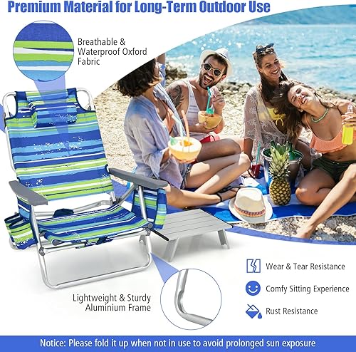 Miniatura 5 de Tangkula Silla de playa tipo mochila con mesa, sillas de playa planas de 5 posiciones con bolsa refrigeradora, 2 soportes para tazas, toallero,
