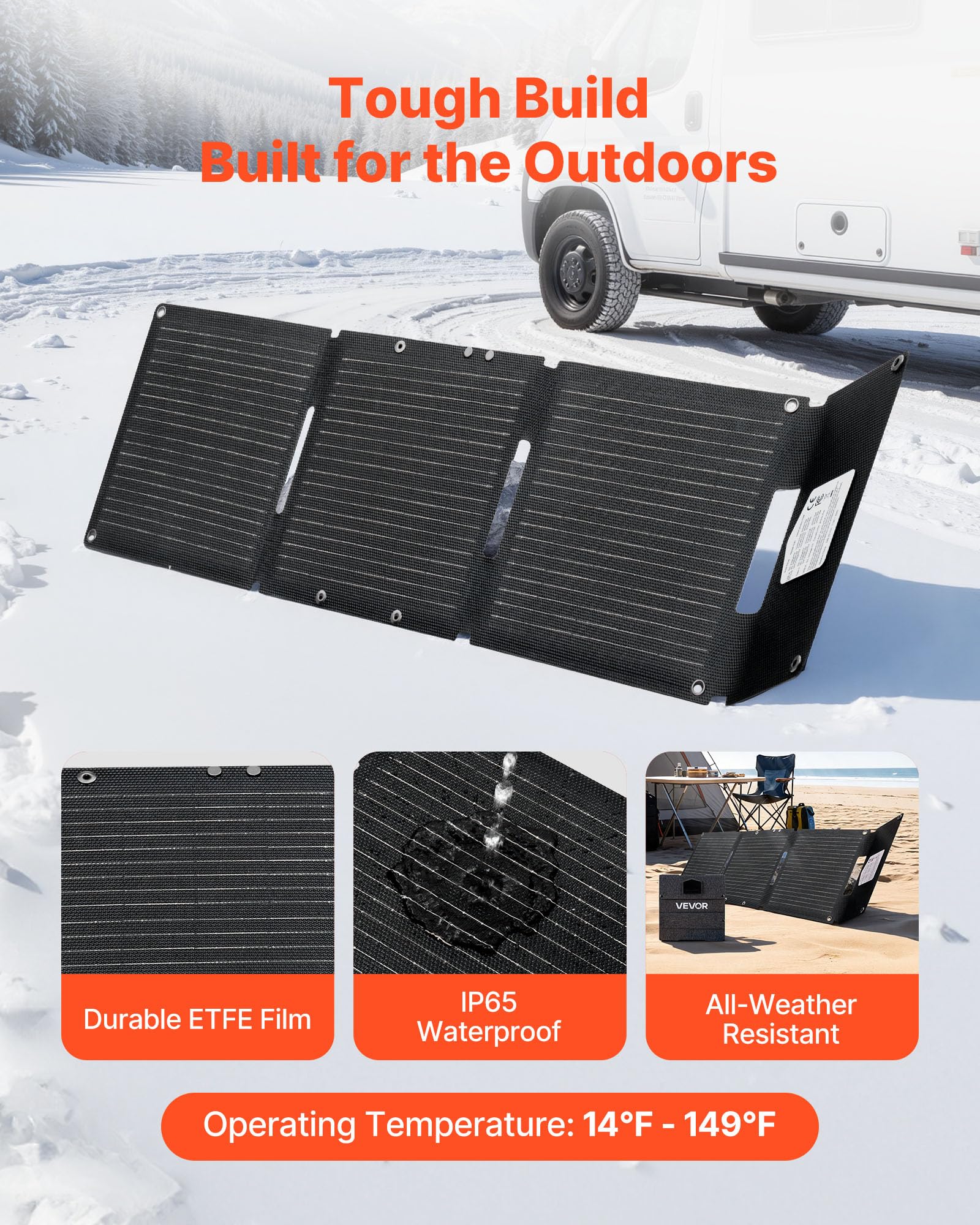 VEVOR Placa Solar Plegable 30W, Panel Solar Monocristalino Portátil, 3 Puertos USB-A y USB-C, IP65 Impermeable, Cargador para Tablets Móviles Power Bank, Energía para Camping Senderismo Autocaravanas