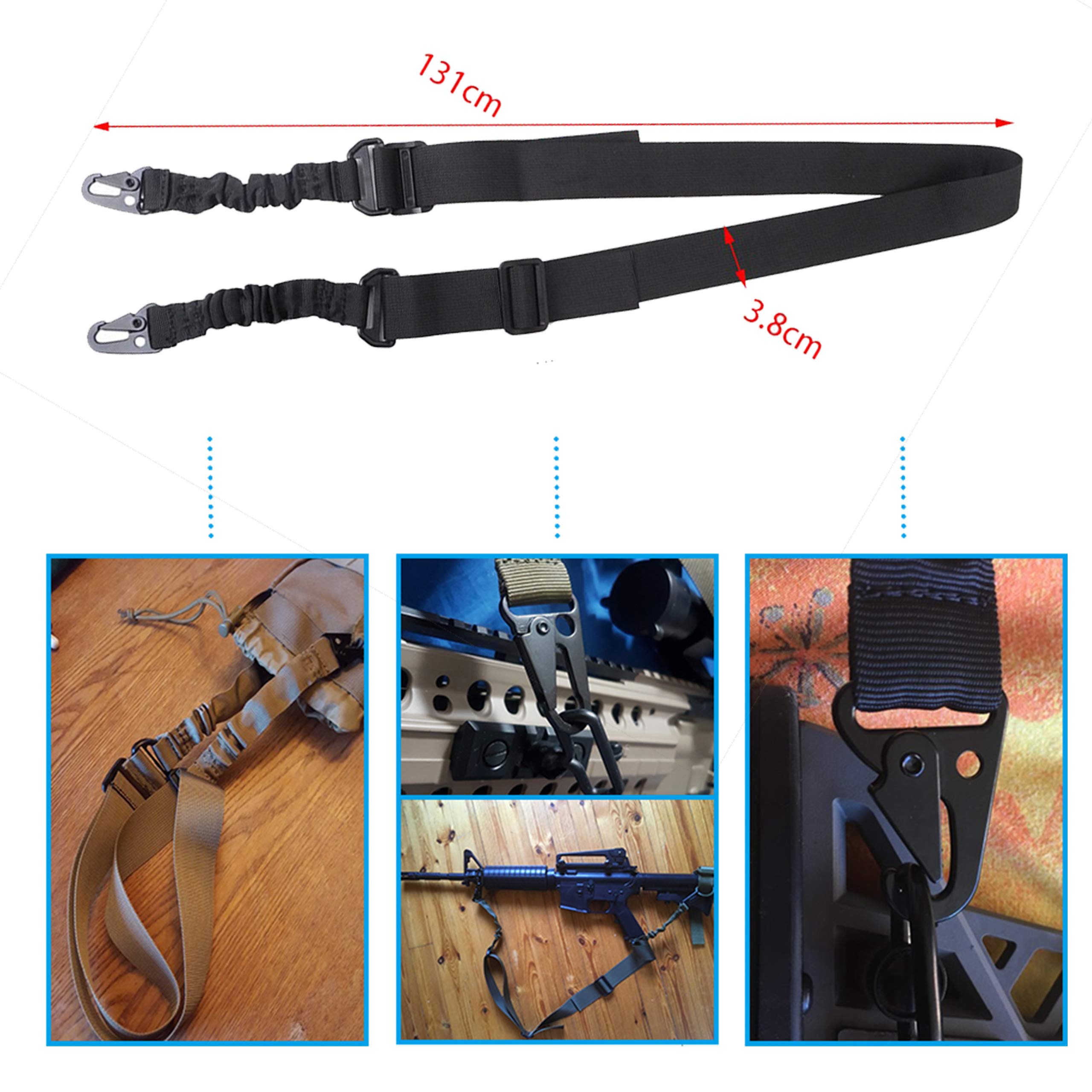 Correa Ajustable Negra + Riel Enganche para Airsoft y Rifle Pack 2 Táctica Point Sling 2 Puntos Multiusos Armas Cuerda Paintball Cinta de Sujeción Paracord Deportes Aire Libre