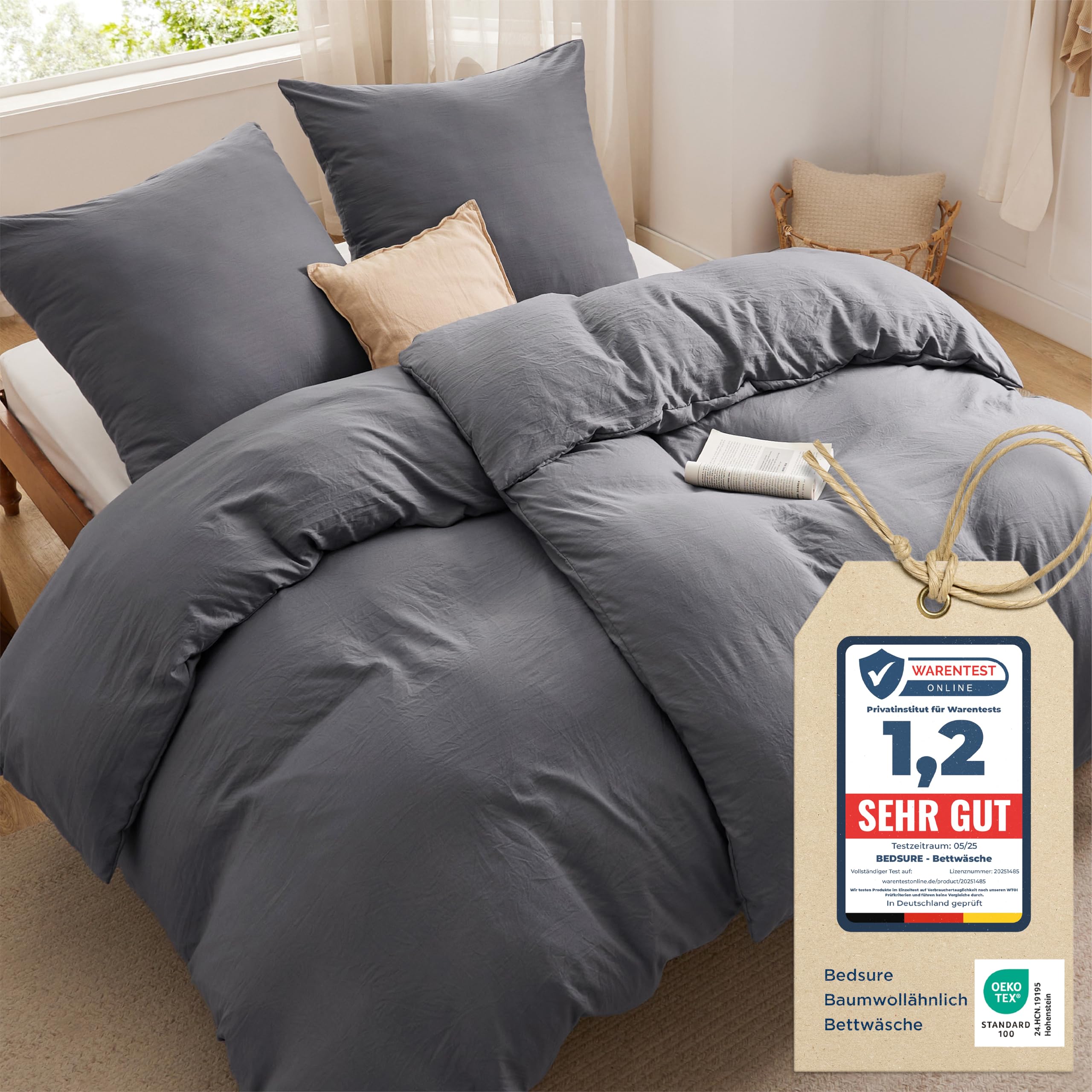BEDSURE Bettwäsche 135x200 4teilig Bettbezug - Weiche Baumwollähnlich Bettwäsche-Set 135 x 200 cm 2er Set mit 2 Kissenbezüge 80x80 cm, ÖKO-TEX Deckenbezug Bedding Anthrazit Grau mit Reißverschluss