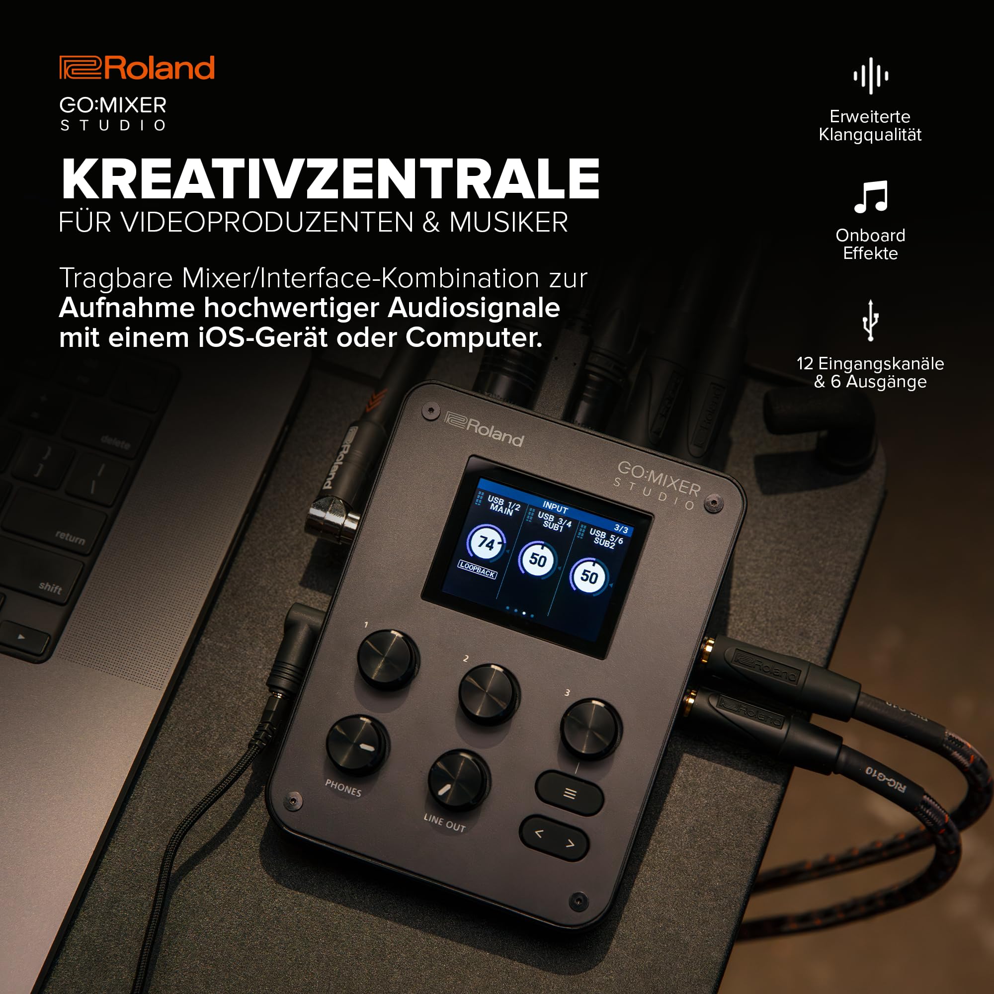 Roland GO:MIXER STUDIO | Tragbarer Mehrkanal-Mixer und Audio-Interface | Perfekt für Content-Produzenten und Musiker | Sound in Studioqualität | Integrierte Effekte | Erweiterte I/O-Funktionen
