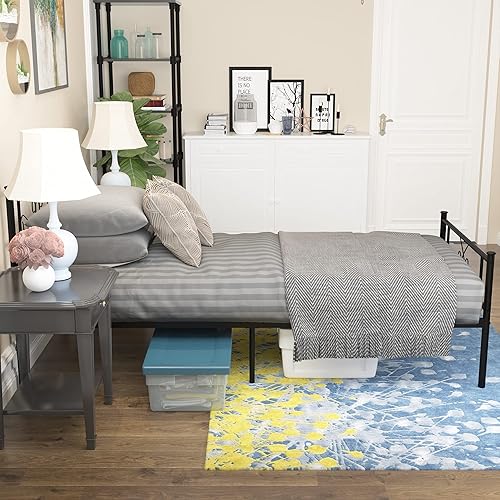 Miniatura 4 de Weehom Base de cama de tamaño individual con cabecero, plataforma negra, cama estándar de acero para niños y niñas, no necesita somier