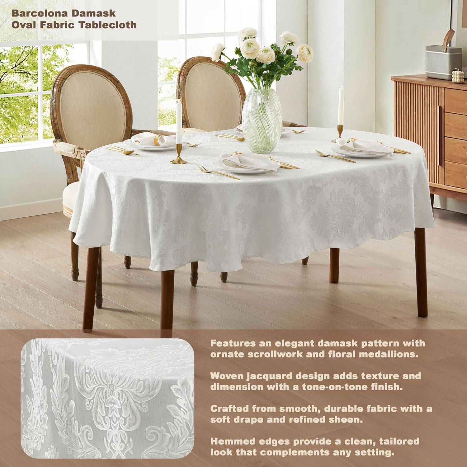 Newbridge Barcelona Luxury Damask Fabric Tablecloth, 60” Wide x 102” Oval, White, 100% Polyester, No Iron, Soil Resistant Dining Room, Party and Banquet Table Cover
