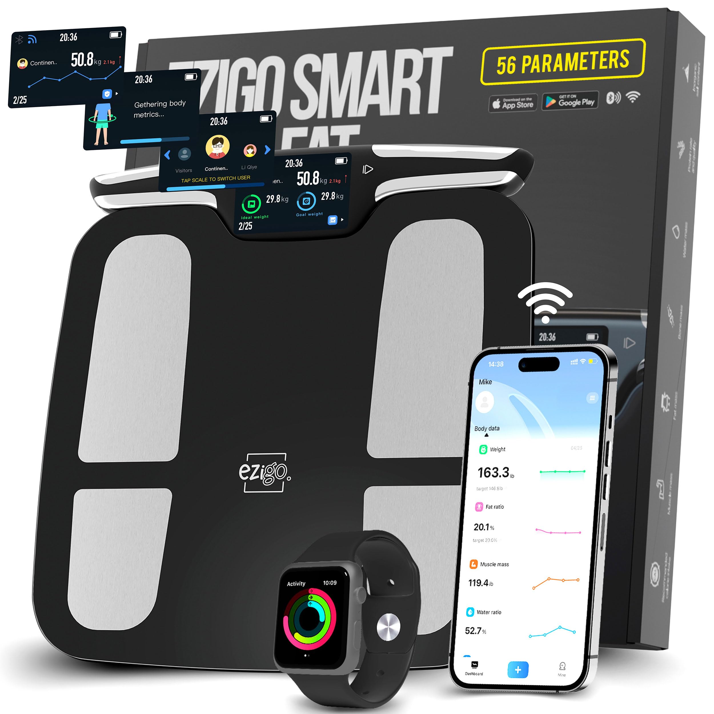 Bilancia professionale a 56 metriche intelligente per composizione corporea con WiFi, BMI, BMR, massa muscolare, macchina per analisi bioimpedenza, bilancia digitale più accurata del grasso corporeo,