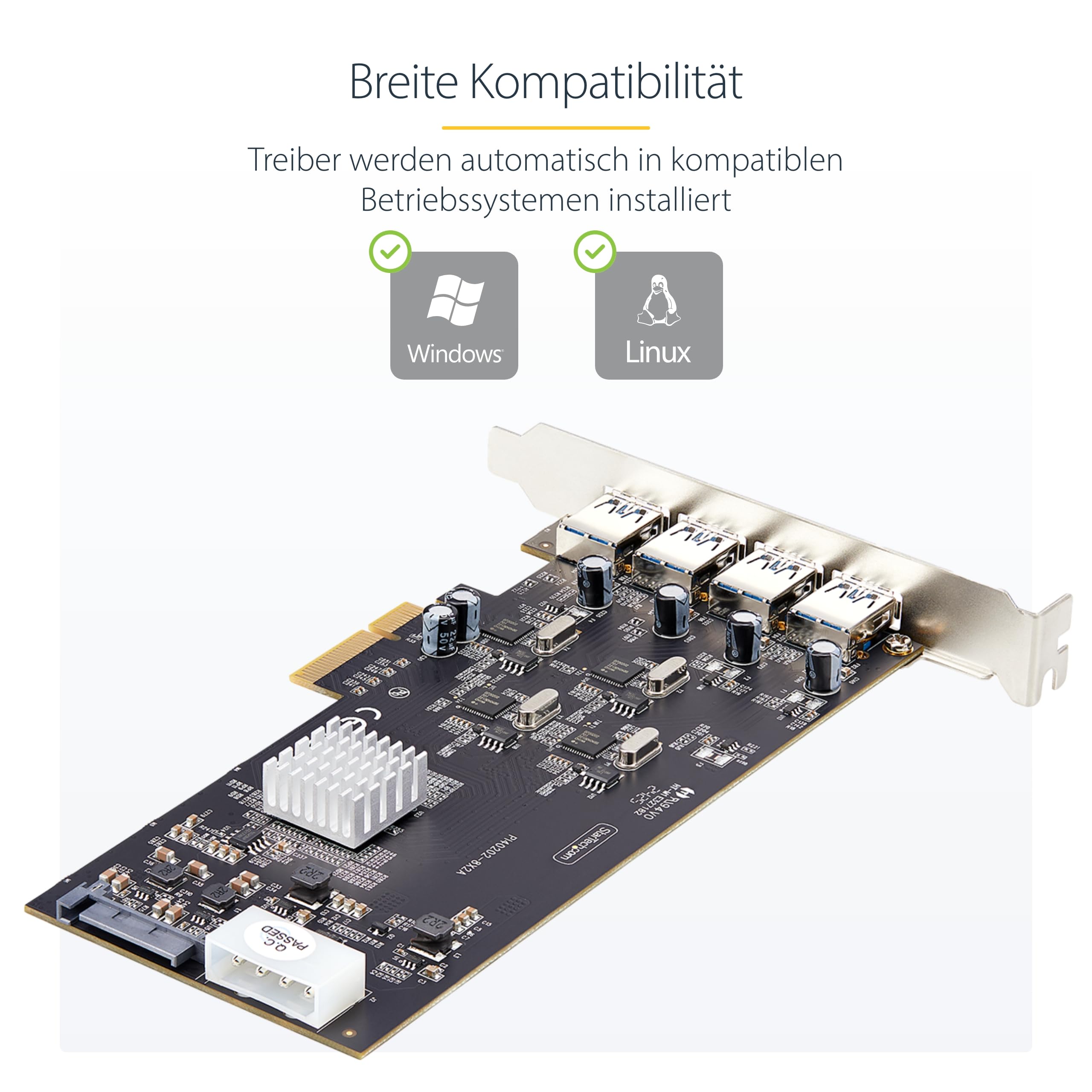 StarTech USB PCIe Karte 4 Ports, 5 Gbit/s, 4X USB-A (P5Q4A-USB-CARD) | USB 3.2, 4 unabhängige Controller, PCI Express 2.0 x4, Horizontale Anschlüsse, SATA/LP4 Strom