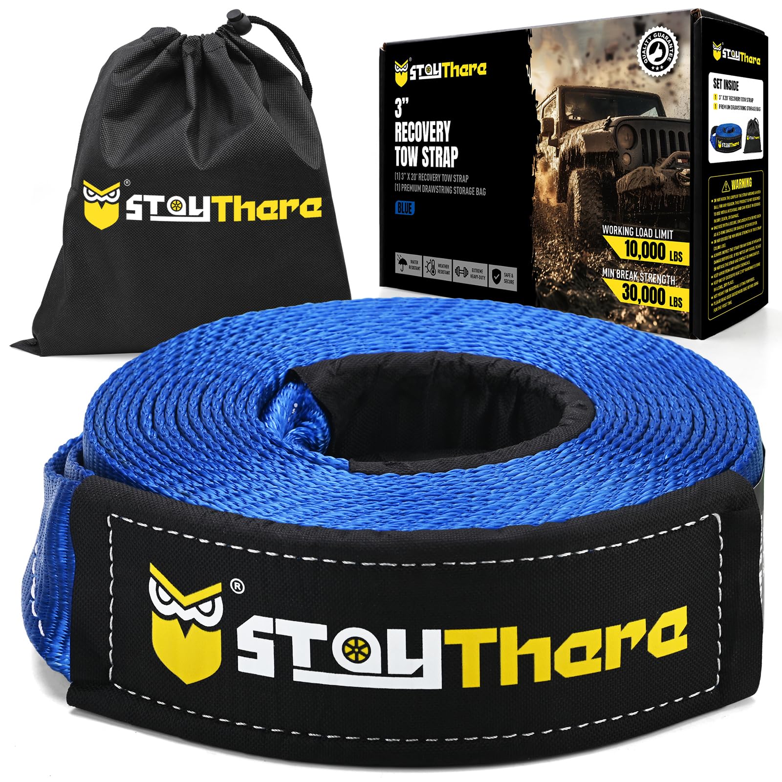 Stay There 3'' × 20ft Recovery Tow Strap, Heavy Duty with 30,000 lb Capacity-Emergency Towing Rope for Recovery Vechiles-Storage Bag (Blue)