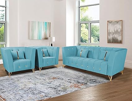 Adorn India Premium Lotus 3-1-1 5 Seater Sofa Set (Velvet Fabric Colour Aqua Blue)