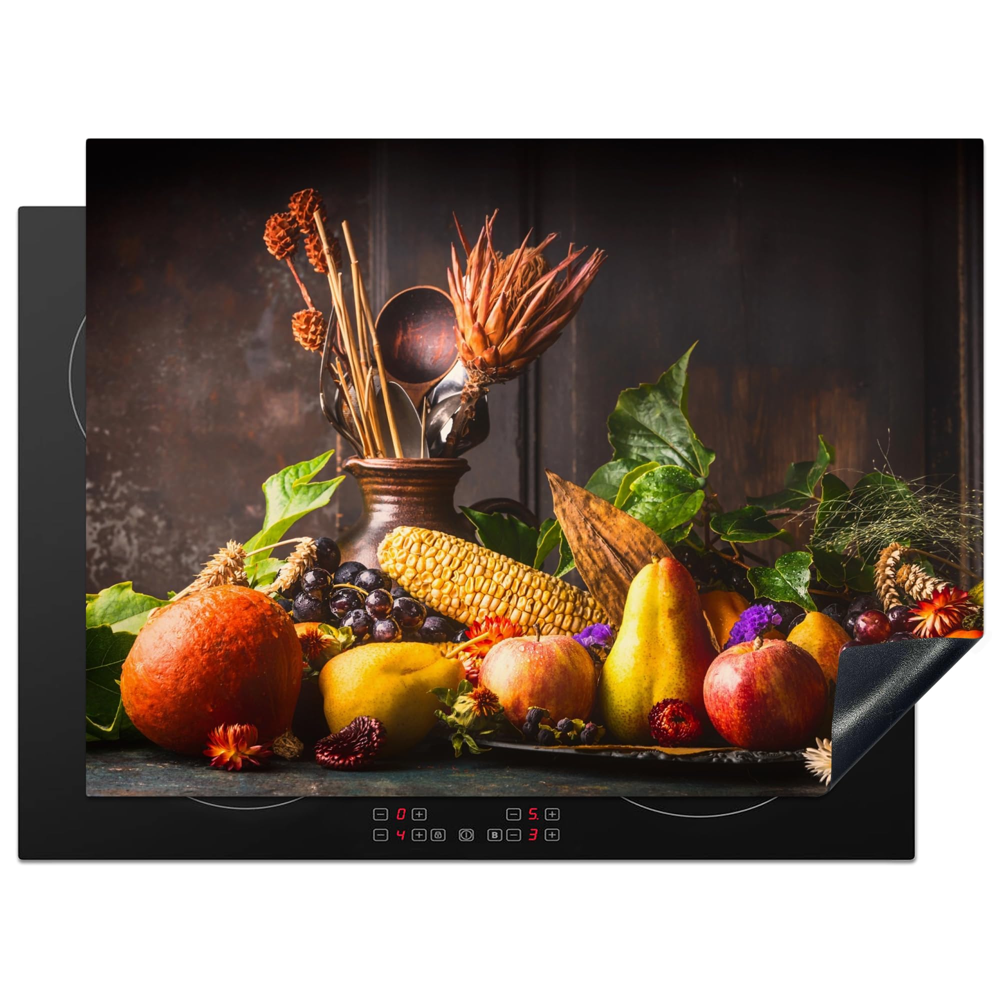 KitchenYeah© Induction Hob Protector Mat 20.5"x27.6" / 70x52 cm Cooker Top Protectors Cover Ceramic Covers Electric Hobs Vinyl Vegetables - Fruit - Rustic - Table