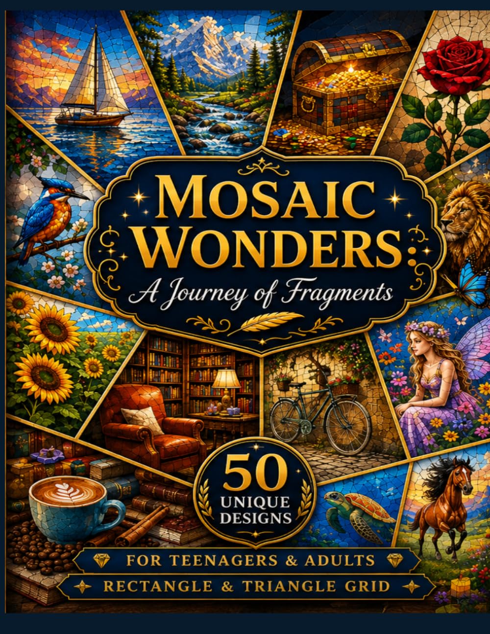 Mosaic Wonders: A Journey of Fragments: 50 Mystery Mosaic Designs for Teens and Adults: Relax, Color, and Uncover Hidden Nature, Food, and Whimsical Scenes