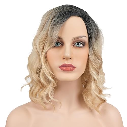 Miniatura 7 de Wiginway Peluca corta ondulada para mujer, peluca con raya lateral, aspecto natural, marrón medio degradado dorado de 12 pulgadas