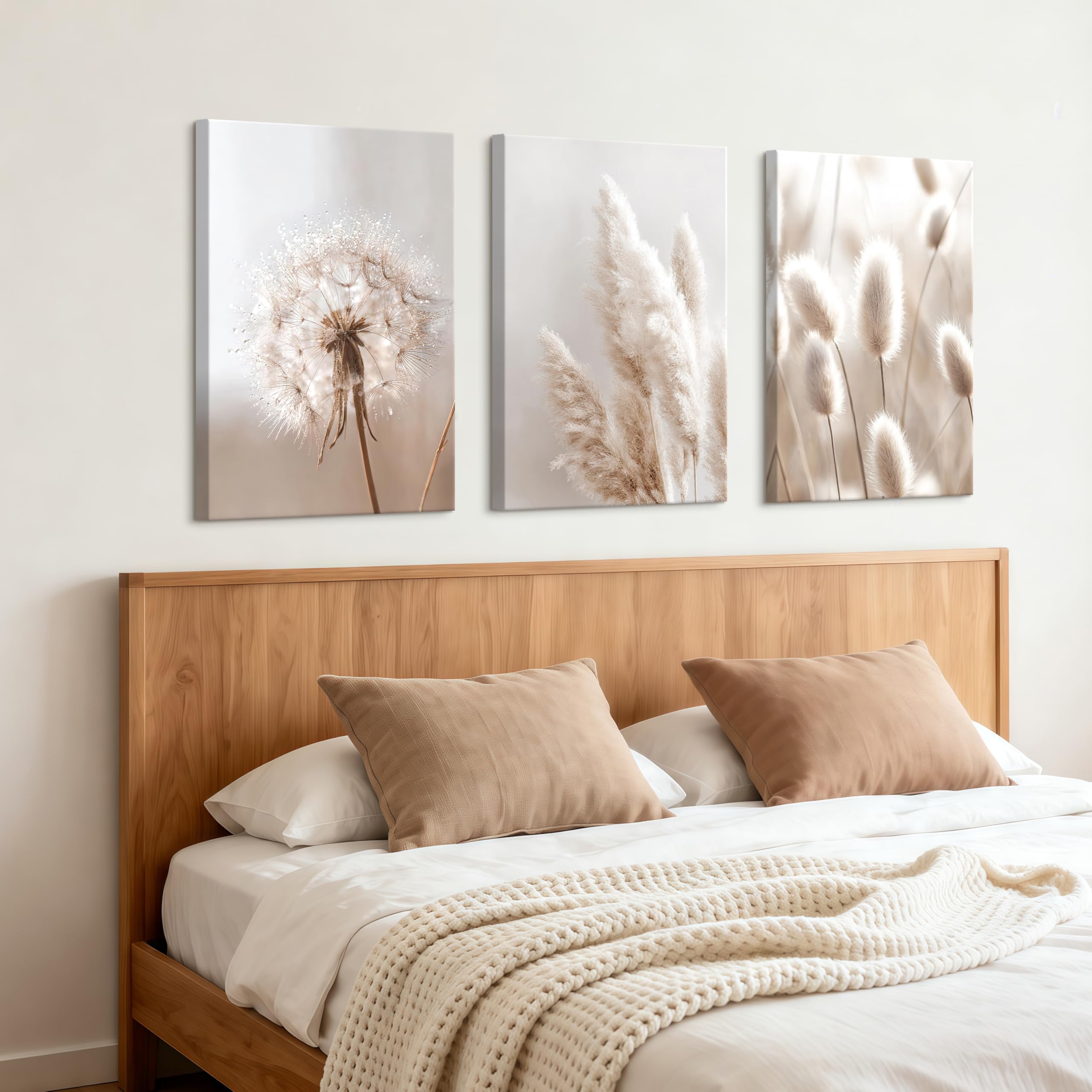 WENGTIAO 3 Stück Beige Weiße Botanische Leinwand Bilder Kunstdrucke Gerahmt, Löwenzahn Schilf und Hasenschwanzgras Wandbilder auf Leinwand für Modern Wohnzimmer Schlafzimmer Wand Deko 40x60cmx3