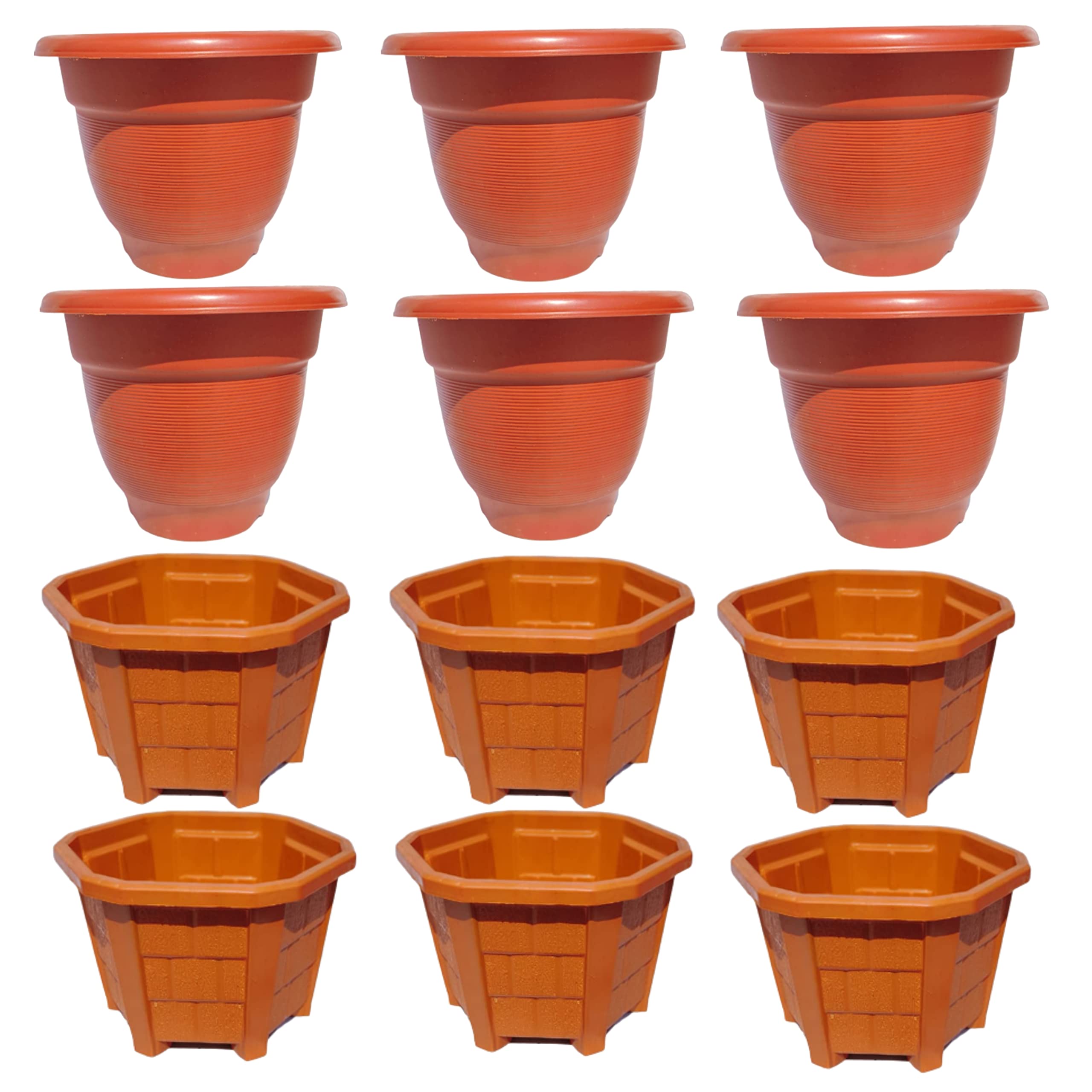 GREENY Plastic Pot for Plants Combo 8inch Round + 6inch Hexa (Pack of 12)