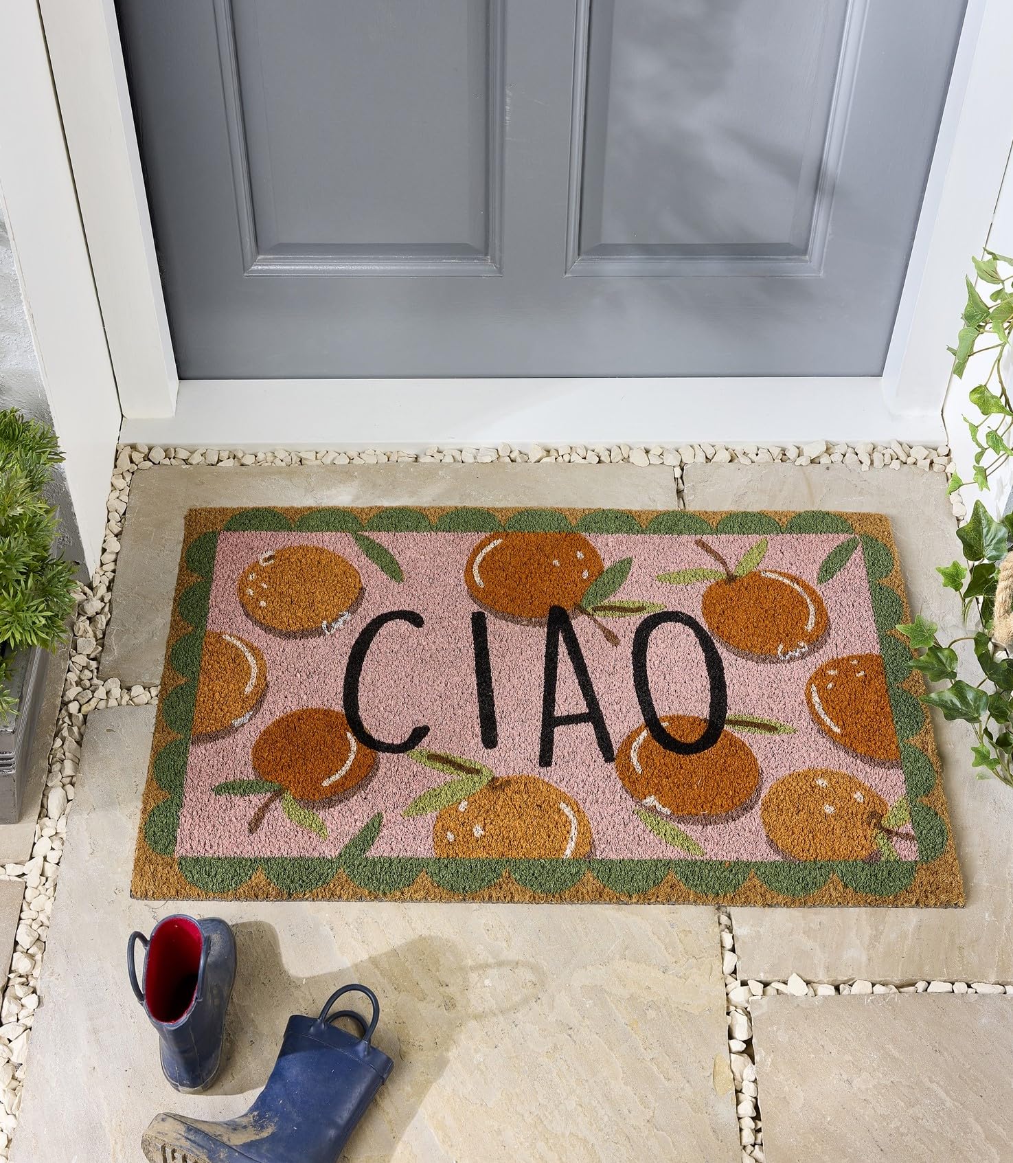 Coir Door Mat for Doorway, Home Entry, Balcony, Garden, Dirt Trapper Entrance Indoor Outdoor Non-Slip Absorbent Welcome Mat Natural Doormat in 45 x 75 cm (Ciao Orange)