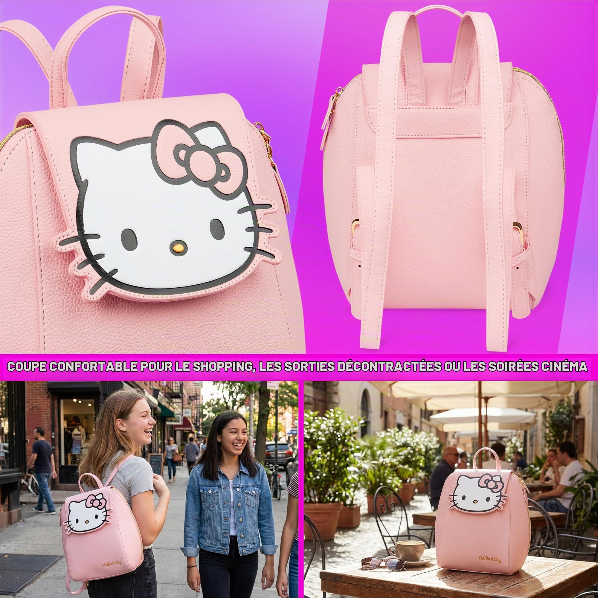 Get Trend Hello Kitty Sanrio Sac à Dos Femme et Ado, Sac Kawaii Mode en Similicuir PU, pour Travail, Voyage ou Loisirs, Cadeau Original (Rose Hello Kitty)