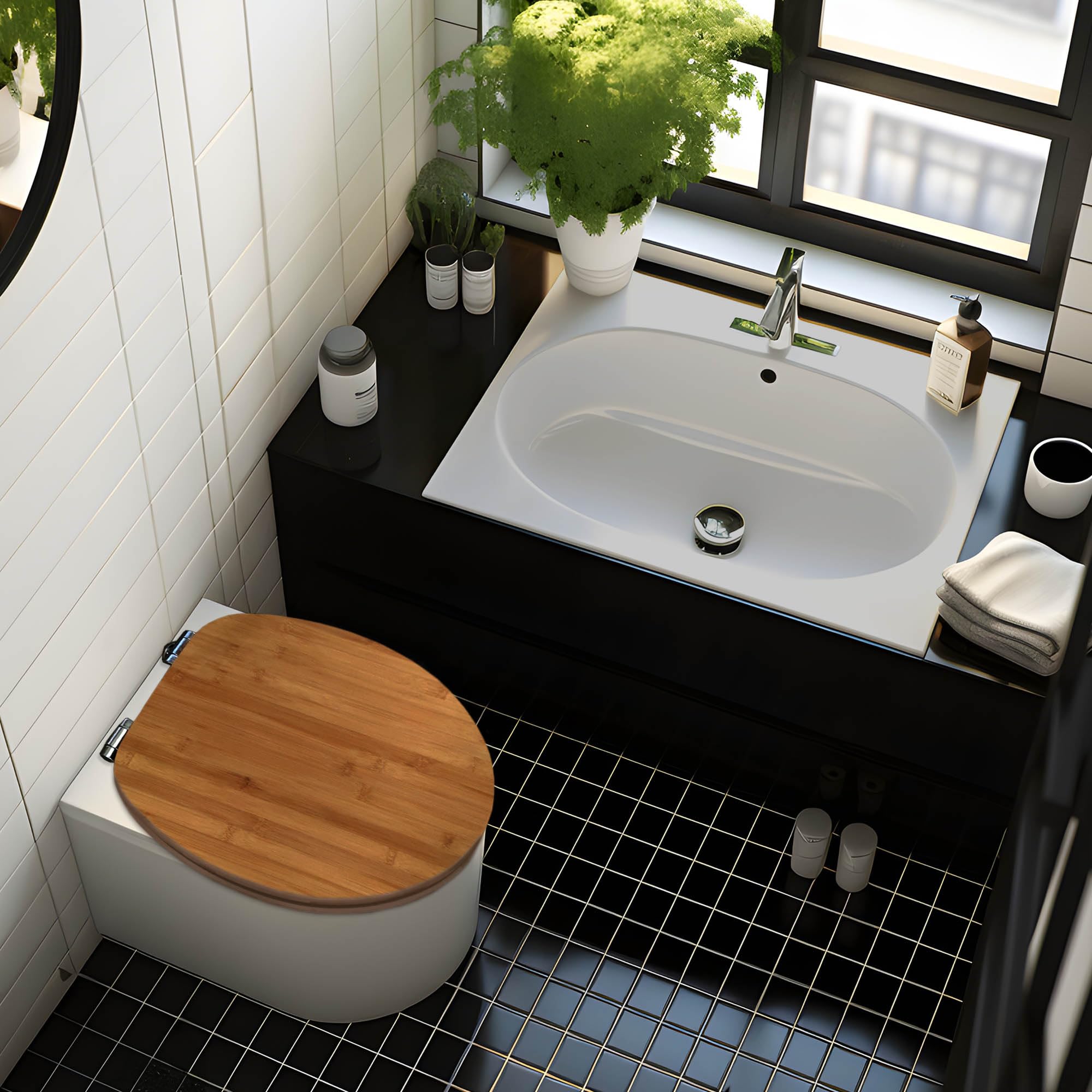 BANJADO Design Toilettensitz aus Bambus, WC-Sitz Holz 45,5x37x5cm, Klodeckel mit Universal Scharnieren und Absenkautomatik, Toilettendeckel