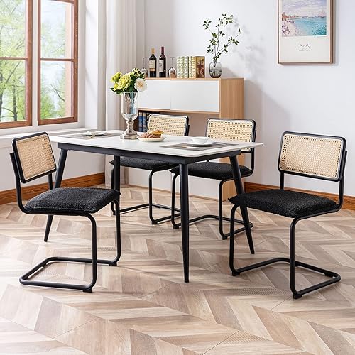 Miniatura 23 de Juego de 2 sillas de comedor de ratán modernas de mediados de siglo, sillas de cocina Boucle con respaldo de ratán de malla tejida a mano y patas