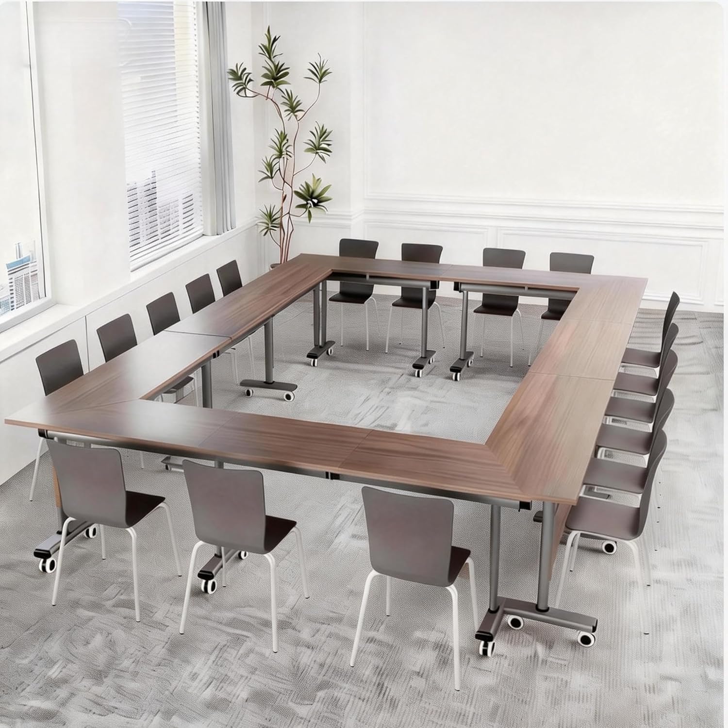 Heavy-Duty Folding Training Table on Locking Silent Wheels, Flip Top Modular Rolling Desk for Conference, Seminar, Team Collaborations & Tech Offices (2, Walnut, 47in)