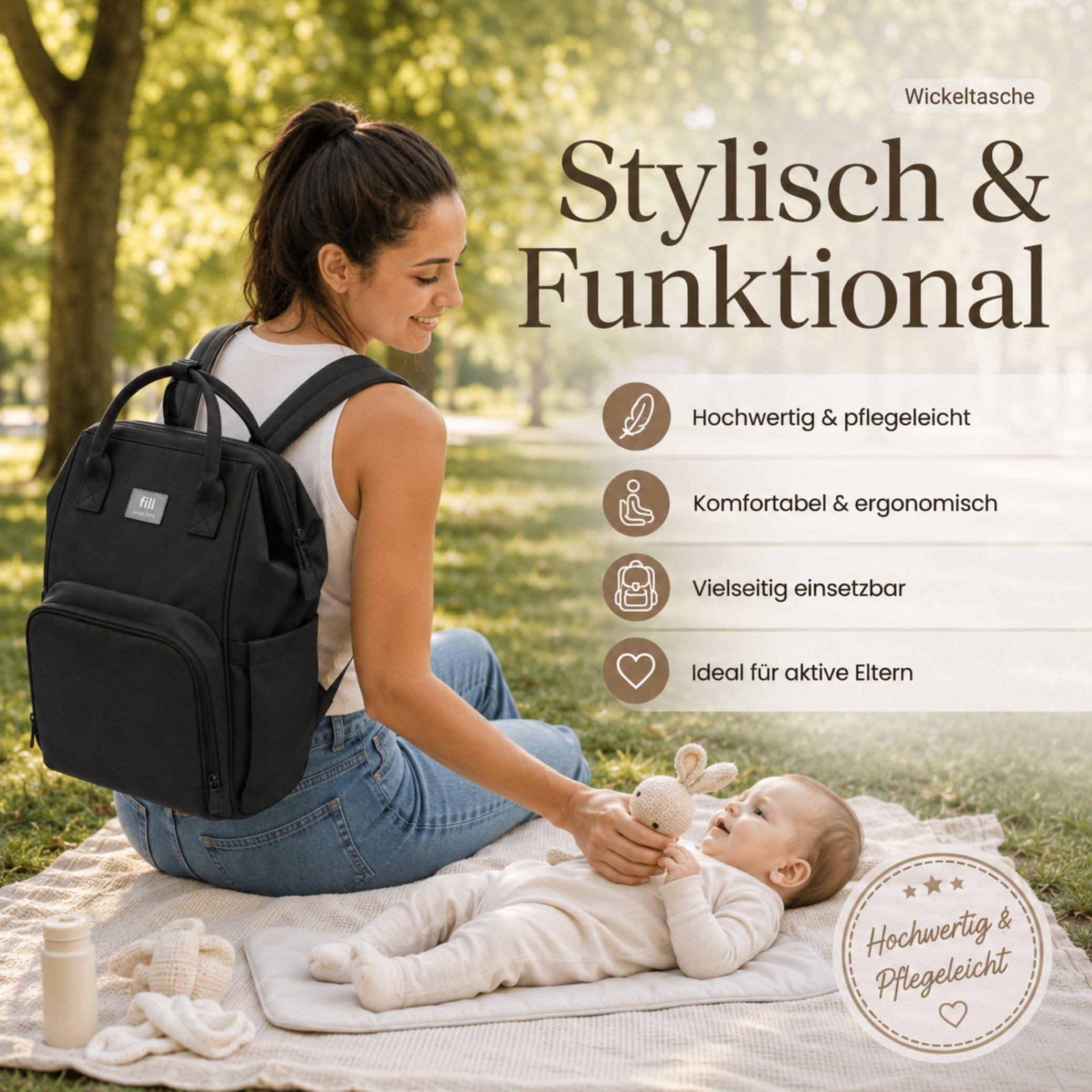 Fillikid Wickelrucksack Barcelona | Geräumiger & stylischer Rucksack mit vielen Fächern, isoliertem Flaschenhalter & Wickelauflage | Bequem tragbar & ideal für den Alltag mit Baby