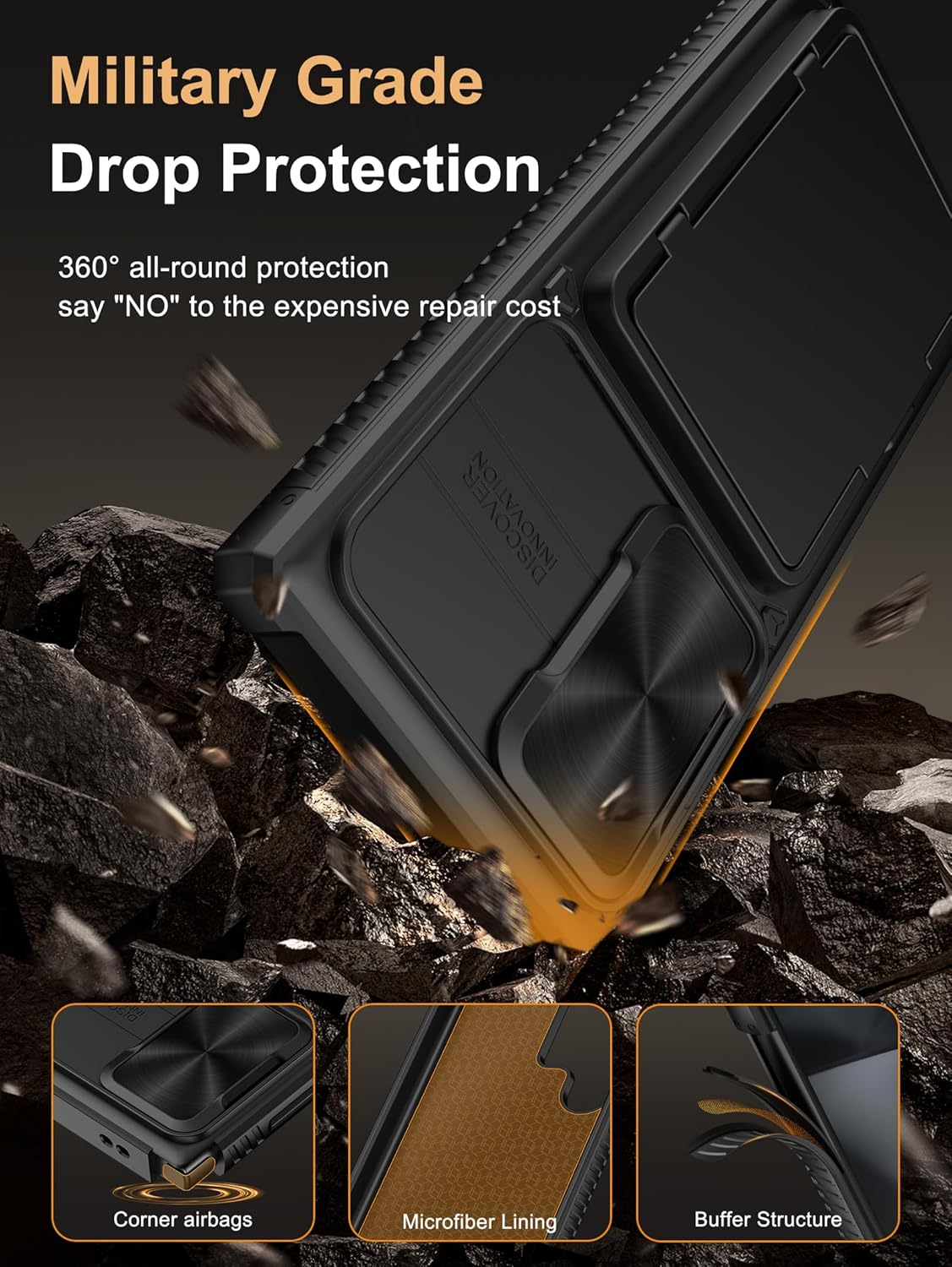 Vihibii for Samsung Galaxy S24 Ultra Case with Card Holder (4 Cards), Built-in 2X Privacy Screen Protector & Slide Camera Cover & Kickstand, Rugged & Shockproof Phone Case for S24 Ultra, Black
