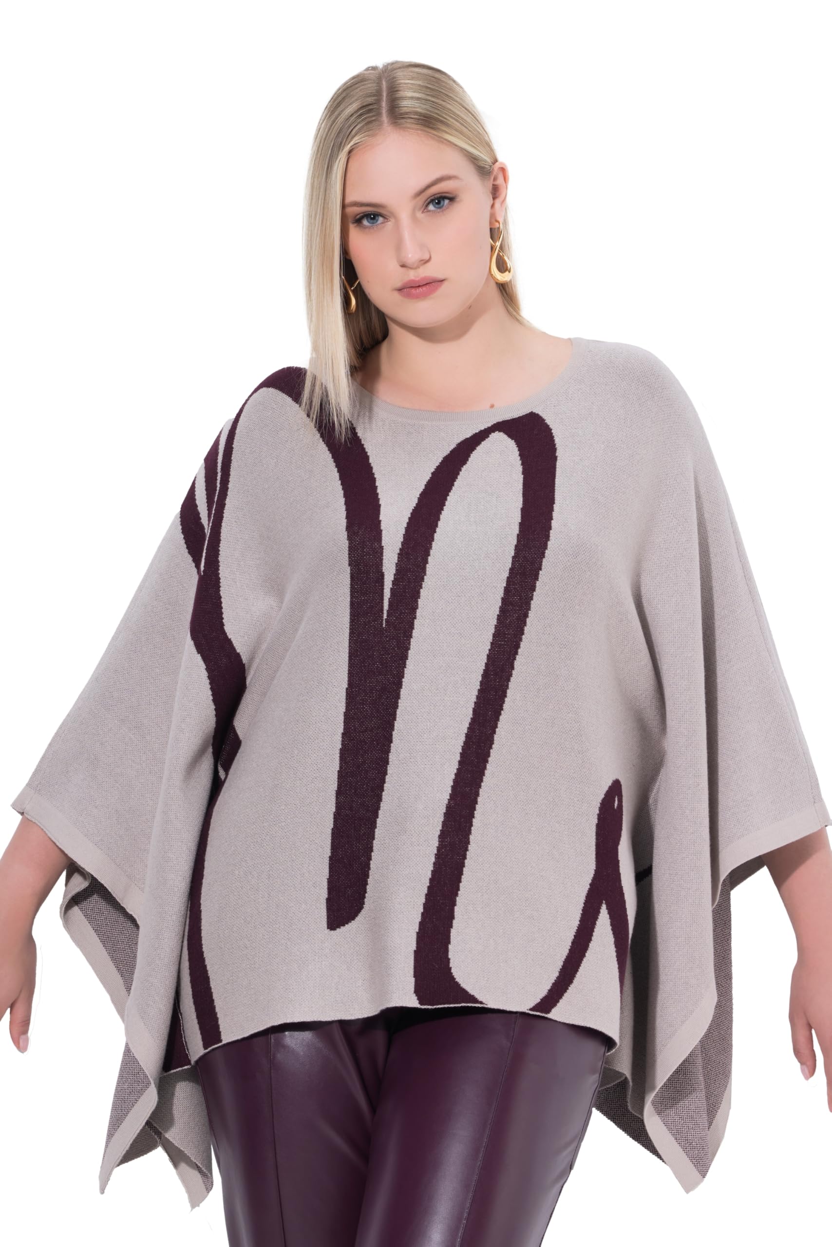 Ulla Popken Damen große Größen Übergrößen Plus Size Strick-Poncho, Pinselstrich, Overzized, Rundhals, 843734