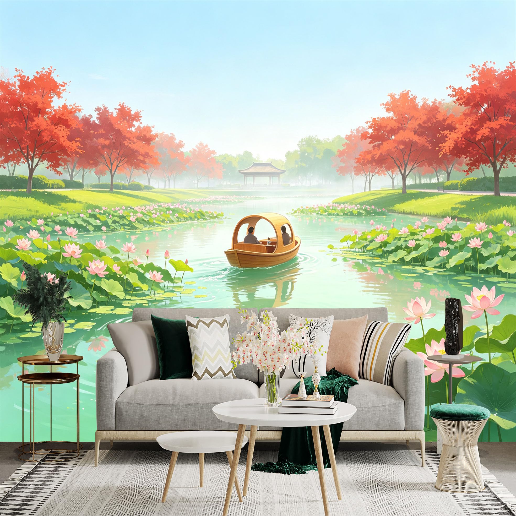 Custom Size Wall Sticker Mural， Peaceful Lotus Pond with Small Wooden Boat， Serene Nature Landscape， Asian Garden Scene， for wall Decoration， peelandstick wall Decals.