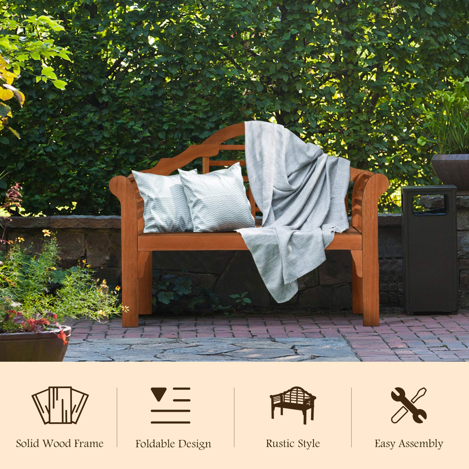 KOMFOTTEU Banc de Jardin 2 Places, Design Pliable, Banquette de Parc en Bois d'Acacia, Charge Maximum de 360 kg, Banc d’Extérieur, idéal pour Balcon, Terrasse, 123 x 54 x 96 cm, Naturel