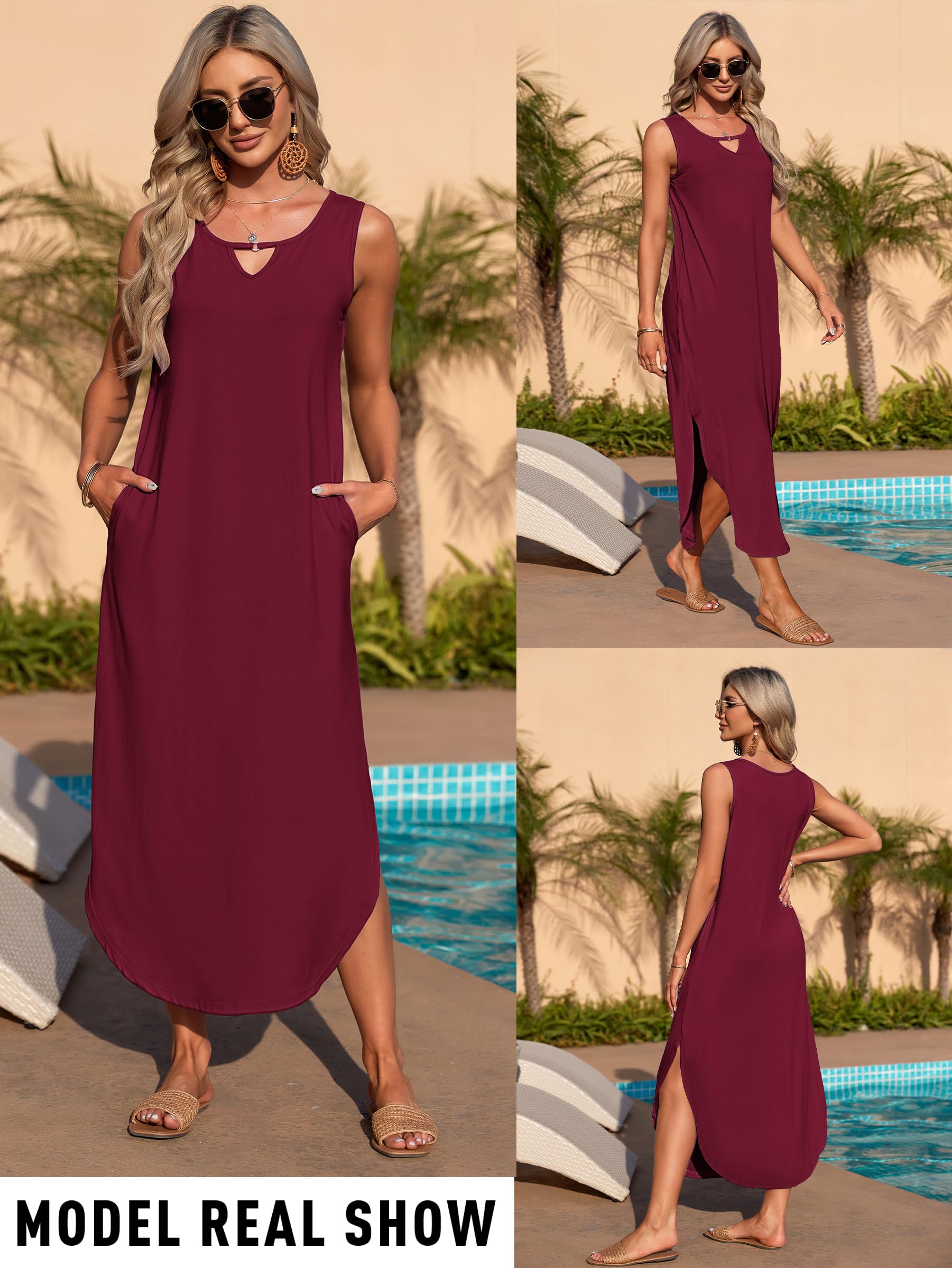 AUSELILY Vestito Donna Estivo Lungo Vestito Maxi Senza Maniche Elegante Abito con Spacco Laterale e Tasche