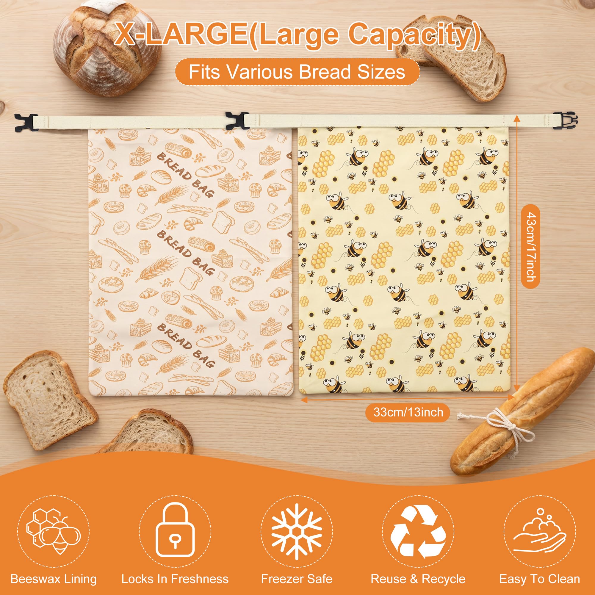 Sacchetti riutilizzabili in cera d'api da 43x33 cm, per conservare il pane a lievitazione naturale e quello fatto in casa, conservazione naturale grazie alla cera d'api, 2 pezzi