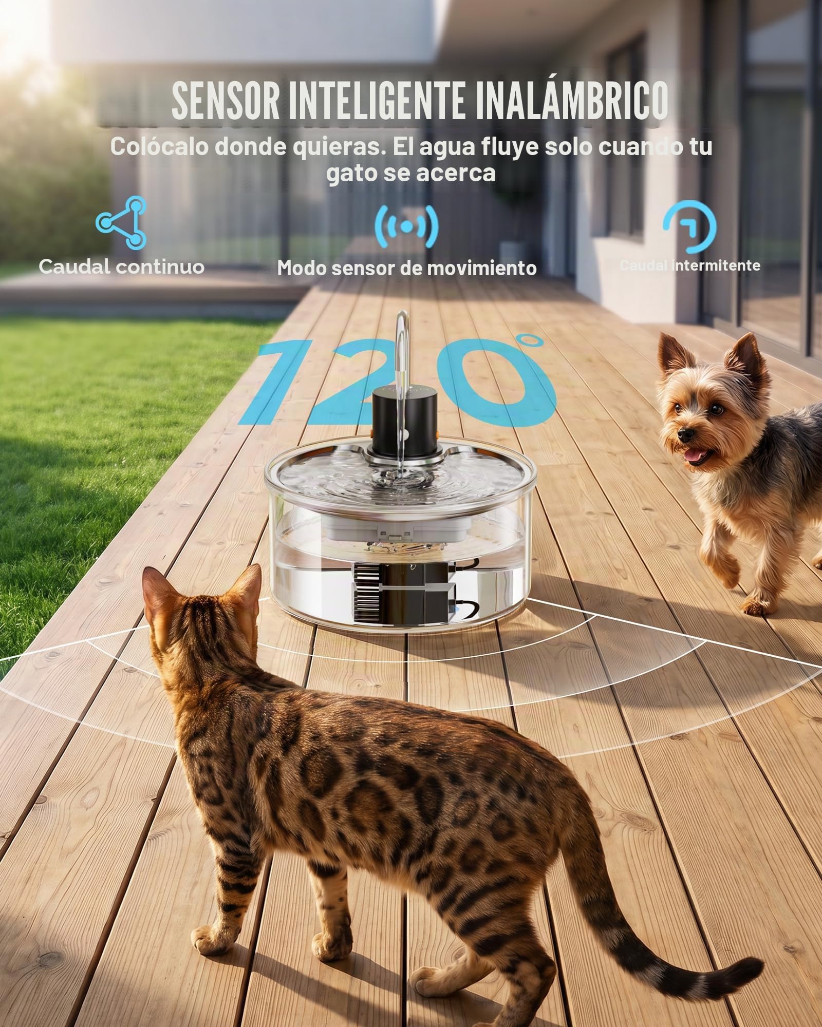 Tomxcute Fuente para Gatos 3,2L de Vidrio con Sensor | Batería de 5000mAh para uso inalámbrico, salida automática de agua y nivel visible de un vistazo
