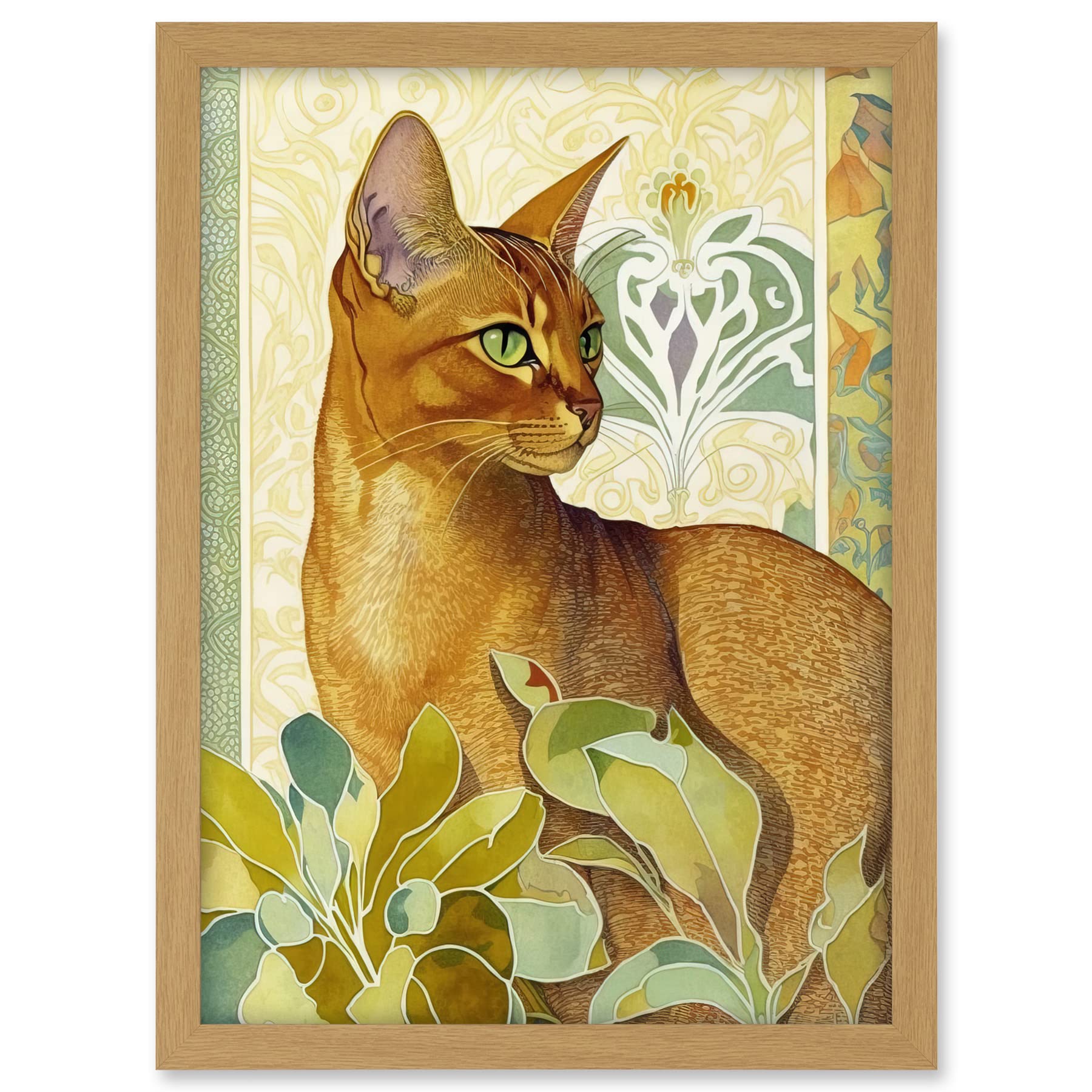 Artery8 Abyssinian Cat with Plants Art Nouveau Bright Modern Watercolour Illustration Artwork Framed A3 Wall Art Print