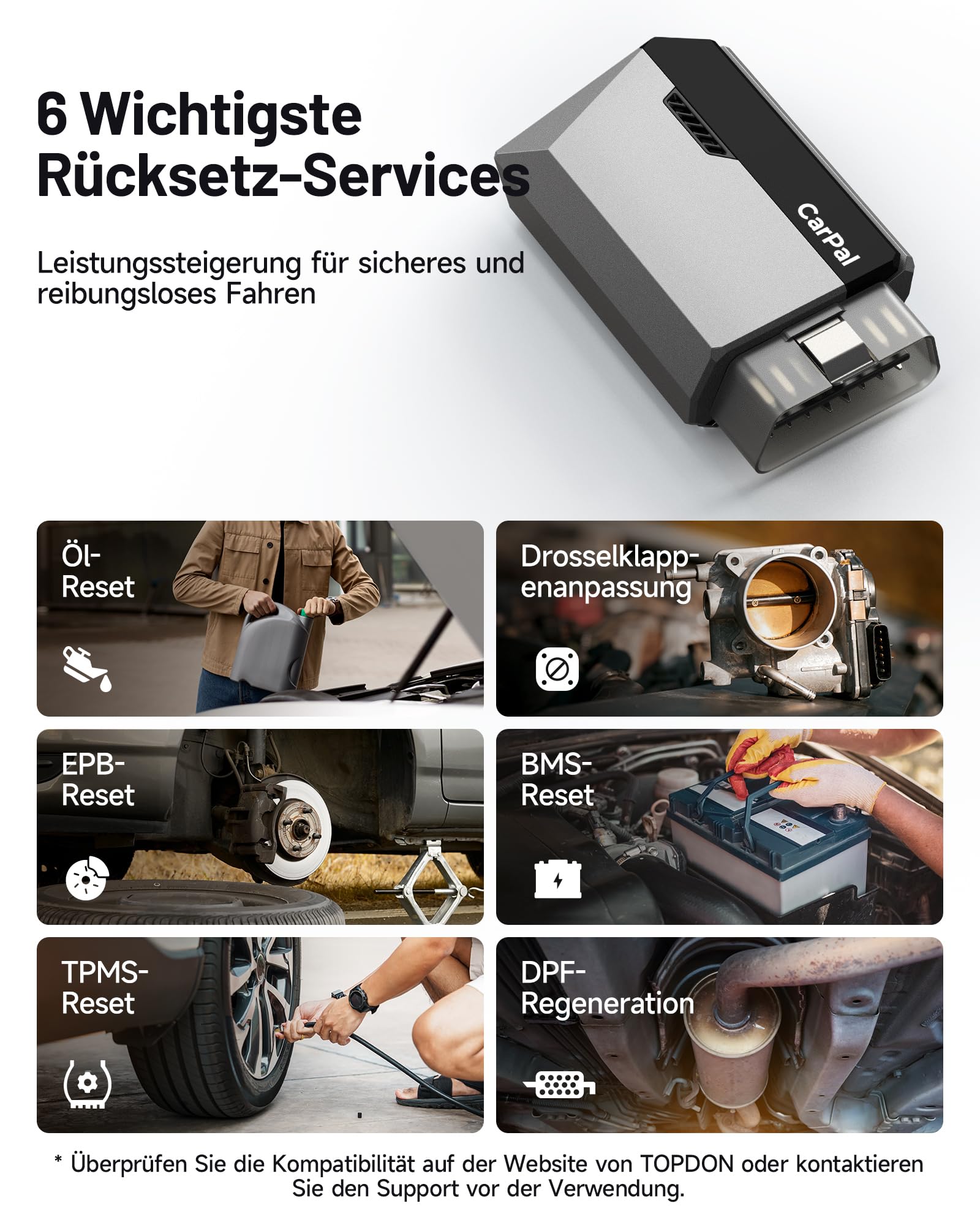 TOPDON OBD2 Diagnosegerät Carpal-A mit Bluetooth und 6 Reset Services, Diagnosegerät Auto mit Vollsystem Systemdiagnose für alle Fahrzeuge Kfz Pkw, OBD2 Scanner für iOS Android,1 Jahr Gratis