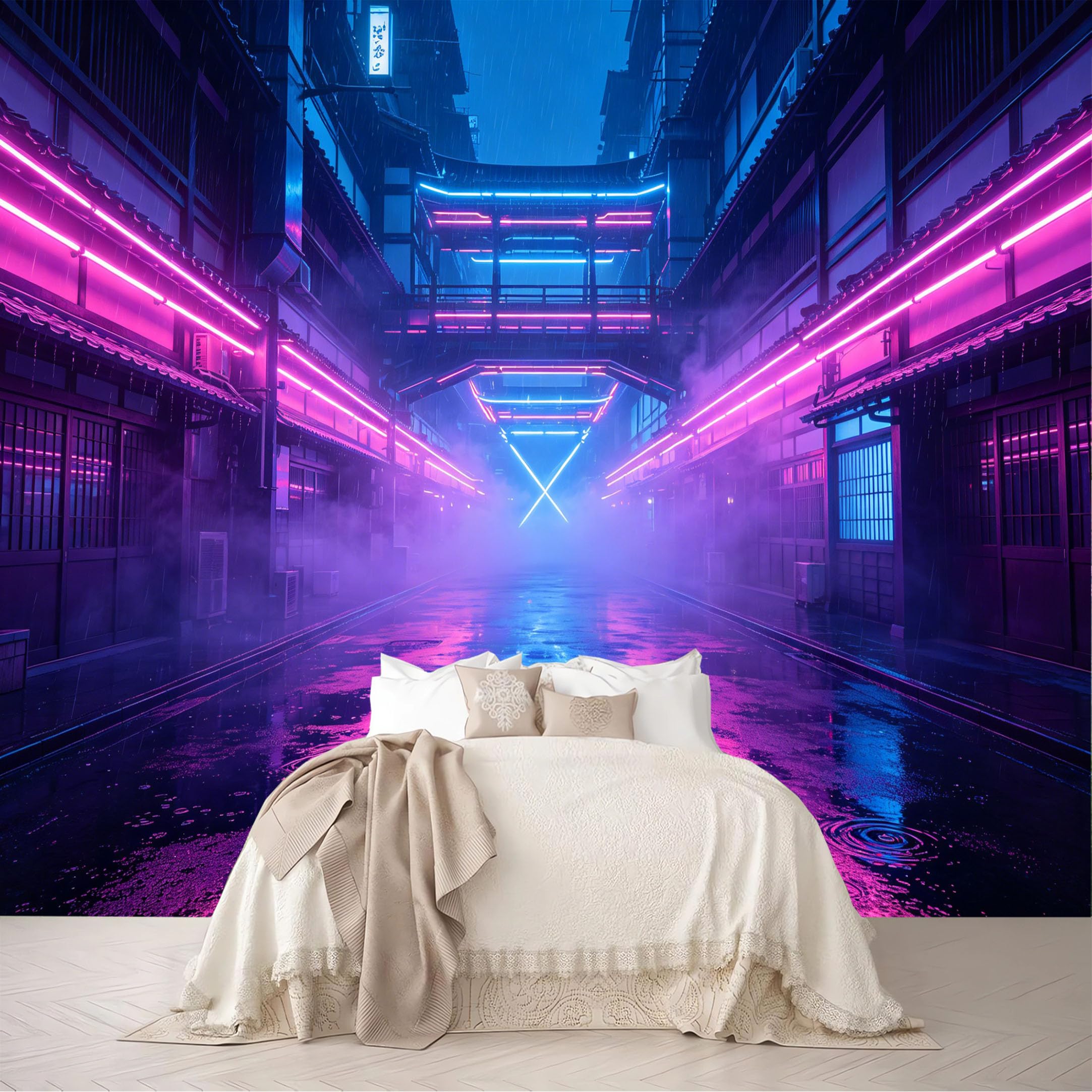 Dskjoviality Ab260706091 Custom Size Wall Murals Neon Rainy Traditional Street Pink Blue Light Reflection Removable Self-Adhesive For Bedroom Living Room Dining Room