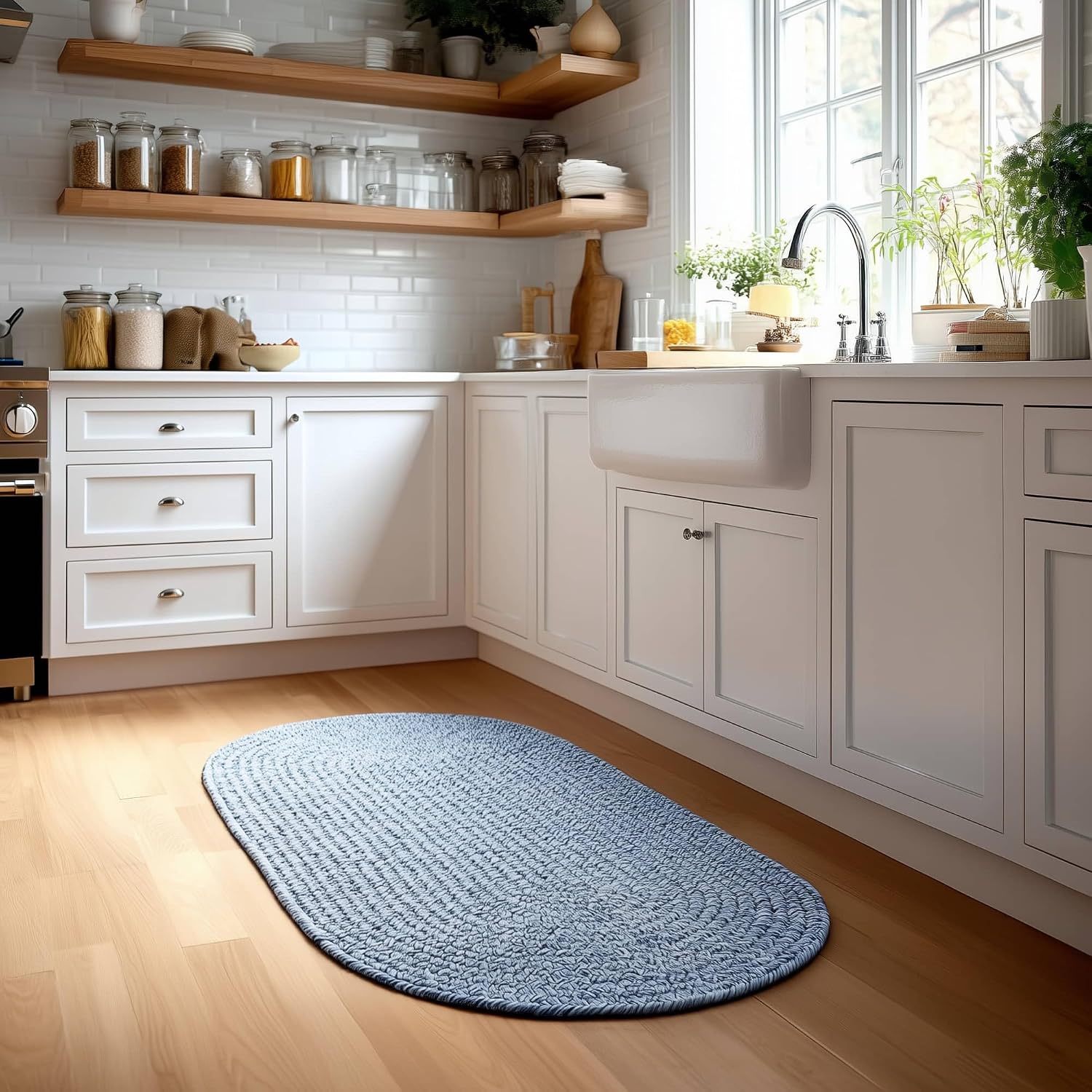 Navy Blue, White Braided Rug 2' X 3' Oval Premium Indoor Outdoor Rug for Entryway, Kitchen, Bathroom - Made in USA