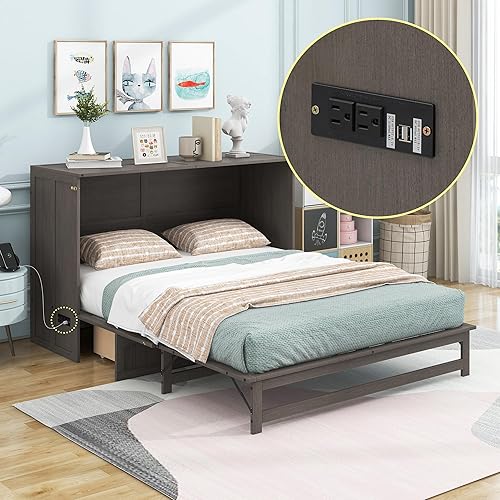 Queen Size Murphy Bed Built-in Charging Station & Storage Drawer, Rustic Country Style Wall Bed,Easy Assembly Solid Pine Wood Hidden Beds for Bedroom,Space-Saving, Antique Grey