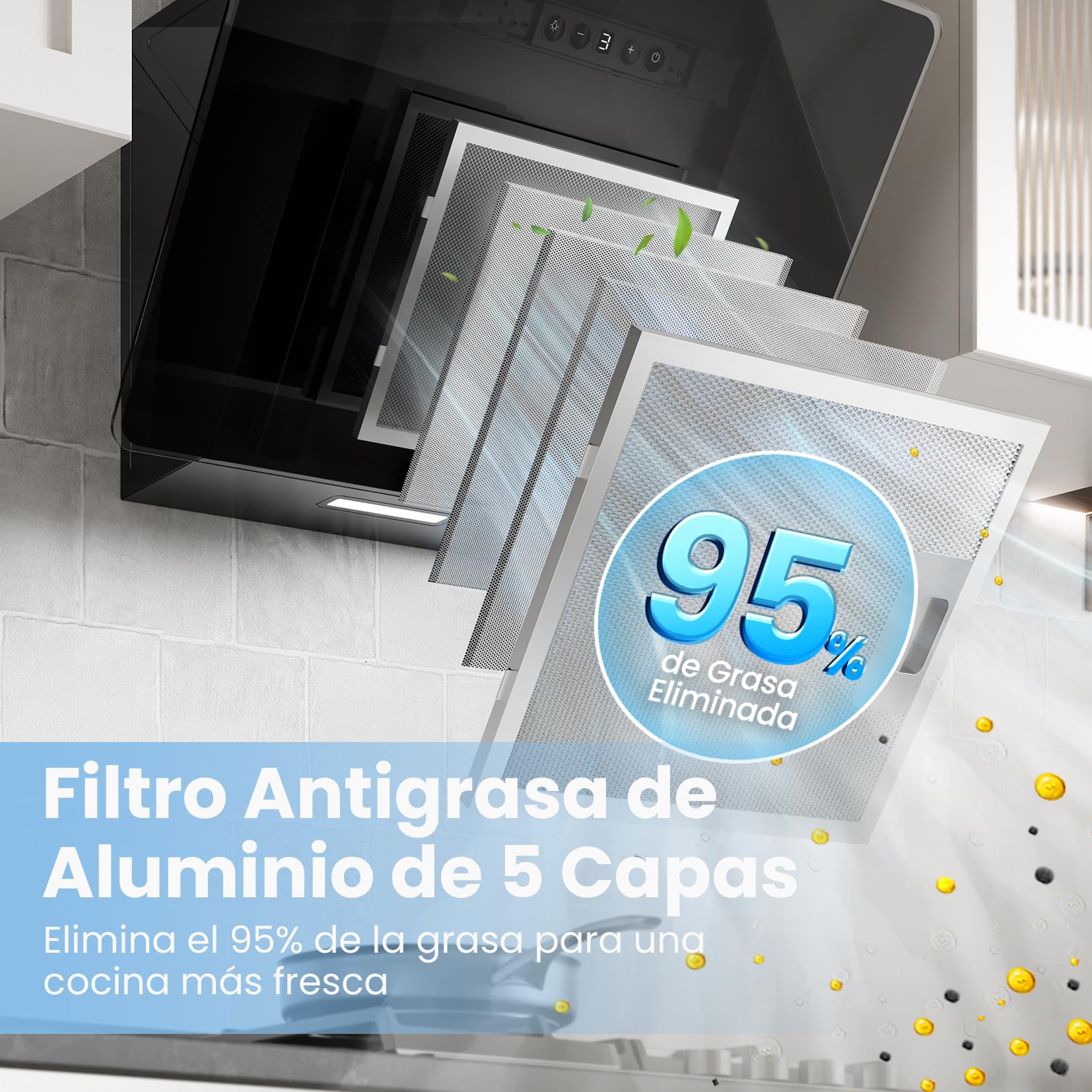 COMFEE' ANGJ64B-60 Hotte aspirante inclinée 60 cm Verre Trempé, 3 Vitesses, Écran Tactile LED, Recycle/Évacuation, Noir